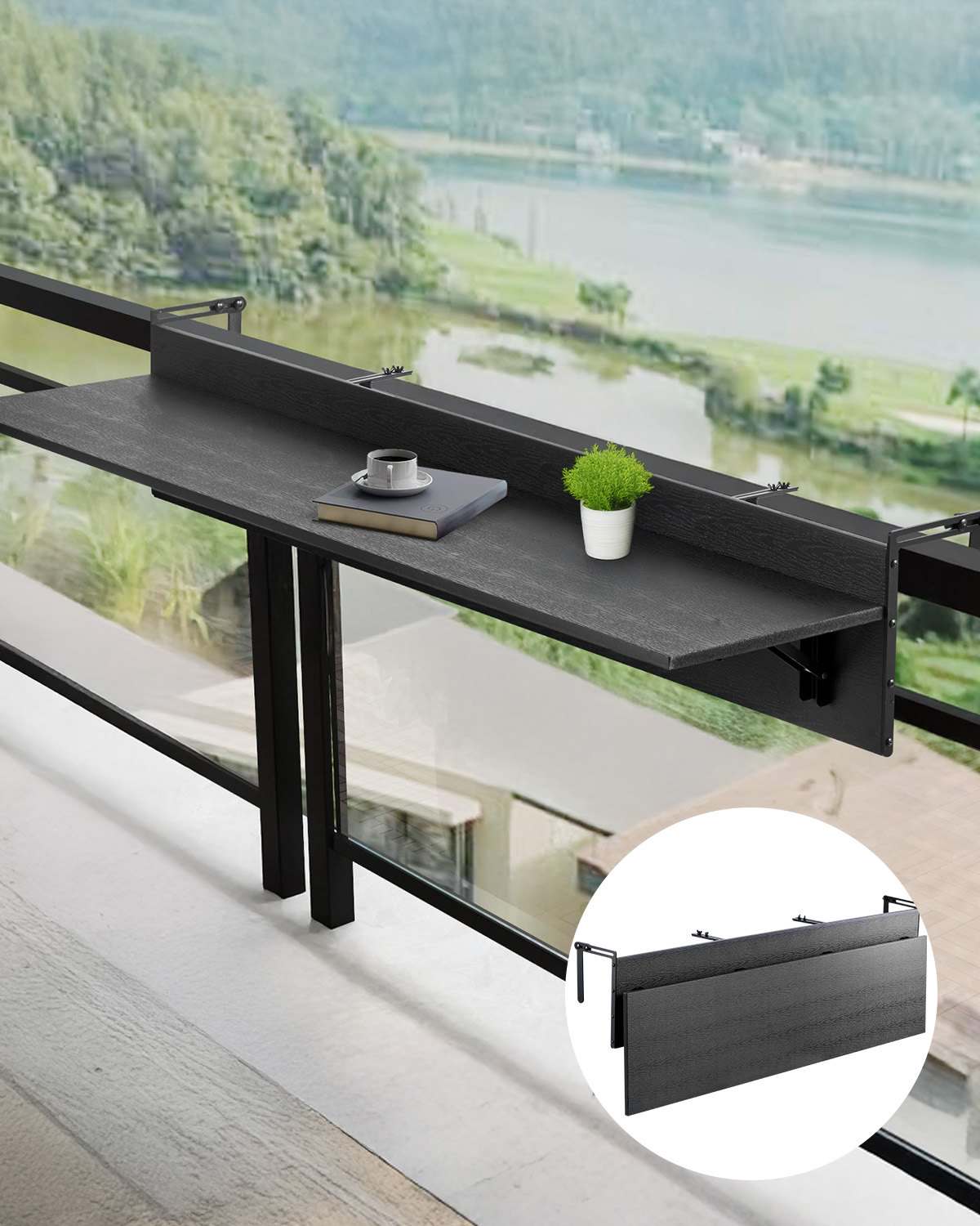 Balcony Hanging Table, 12 x 59 in Folding Balcony Railing Table, Outdoor Balcony Bar Table for Railings, 50 lbs Loading, Fit Railing from 1" to 5.9", Serving Table for Patio & Deck