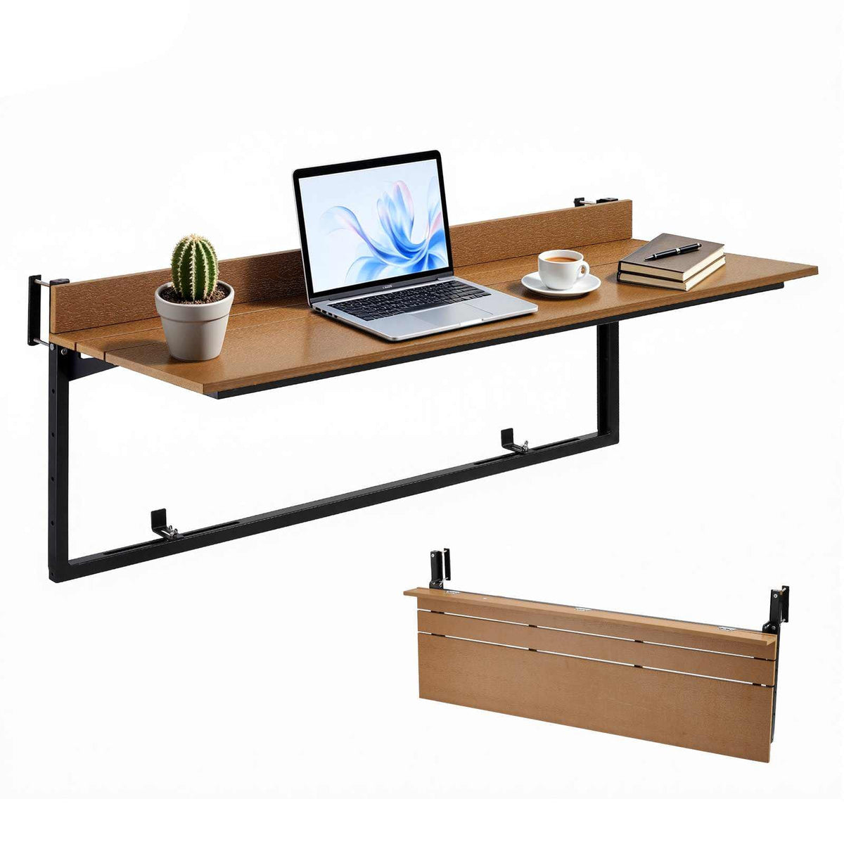 Balcony Hanging Table 47.2" x 14.6" 60 lbs Folding Railing Bar Table, for Outdoor Patio Garden Deck Use, Fits 1.4"-2.4" Rails, 5-Level Adjustable Height, Durable Wood-Plastic Composite Material