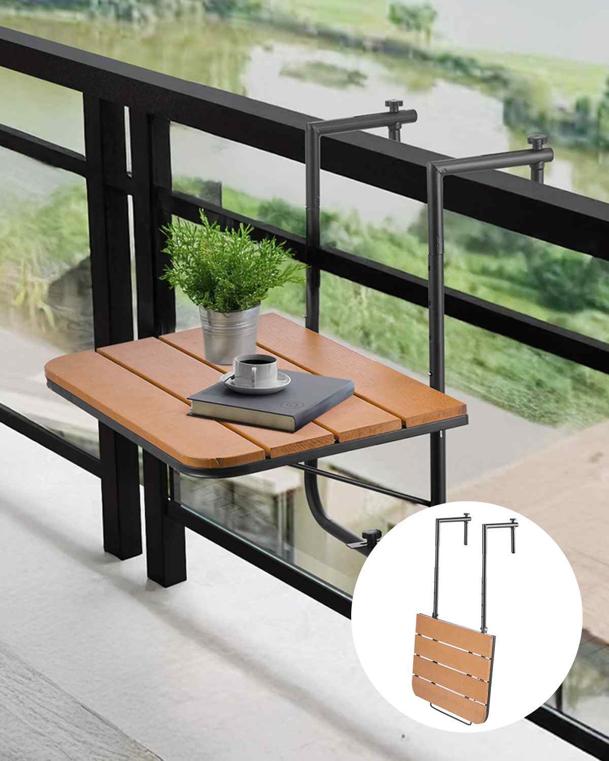 Balcony Hanging Table, 25 x 24 in Folding Balcony Railing Table, Outdoor Balcony Bar Table for Railings, 4-Level Adjustable, Fit Railing from 1" to 8.27", Serving Table for Patio & Deck