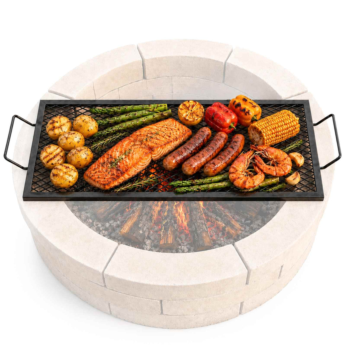 X-Marks Fire Pit Grill Grate, Rectangle Cooking Grate, Heavy Duty Steel Campfire BBQ Grill Grid with Handle & Support X Wire, Portable Camping Cookware for Outside Party Gathering, 32 Inch Black