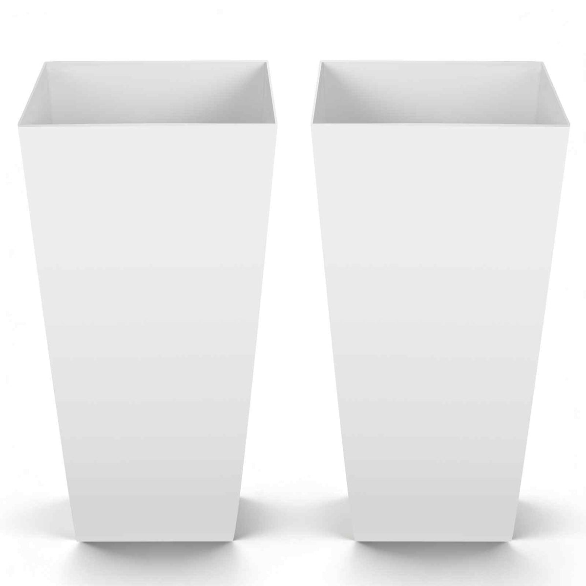 Tall Planters Set of 2, 26 Inch Large Outdoor Taper Planters for Outdoor Indoor Plants, Front Porch Plastic Modern Flower Pots with Casters, Inner Pot & Drainage Holes for Patio, Garden, White