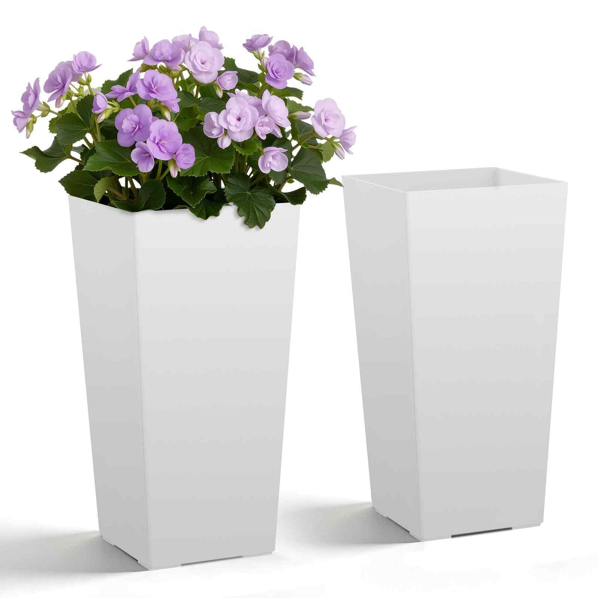 Tall Planters Set of 2, 22 Inch Large Outdoor Taper Planters for Outdoor Indoor Plants, Front Porch Plastic Modern Flower Pots with Casters, Inner Pot & Drainage Holes for Patio, Garden, White