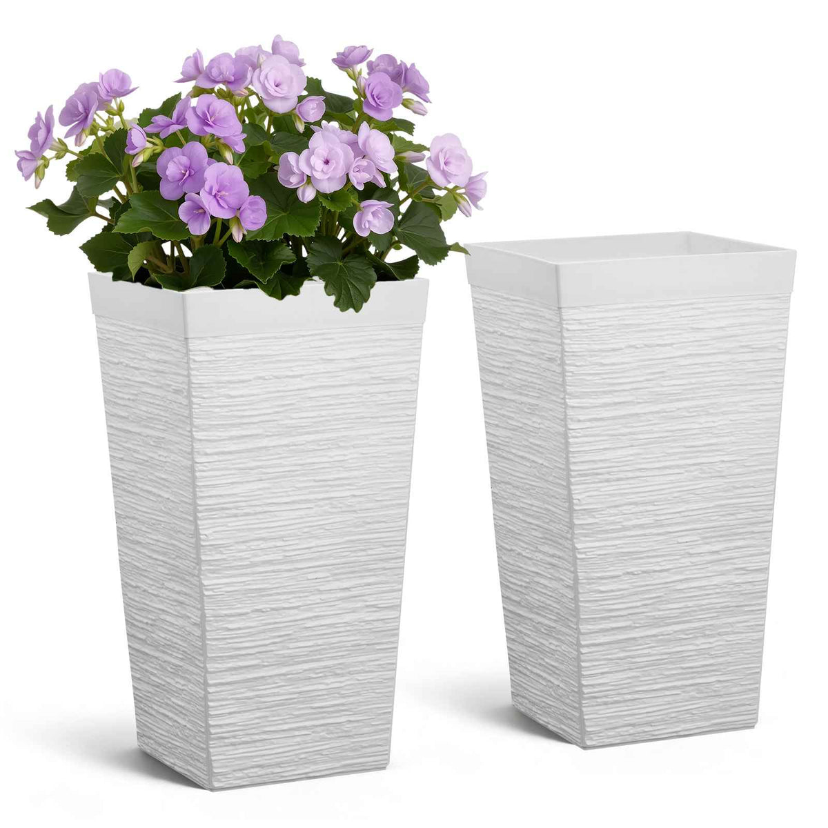 Tall Planters Set of 2, 23 Inch Large Outdoor Taper Planters for Outdoor Indoor Plants, Front Porch Plastic Modern Flower Pots with Casters, Inner Pot & Drainage Holes for Patio, Garden, White