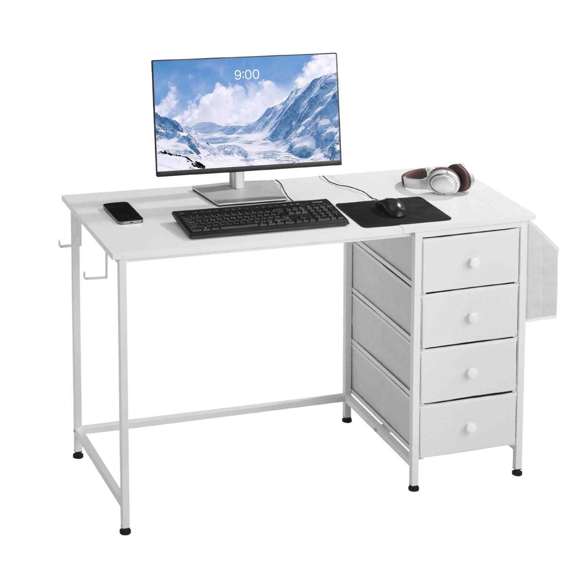 Computer Desk with Fabric Drawers, 47 Inch Reversible Study Work Writing Desk for Modern Home Office Bedroom, Simple Modern Cute PC Table Metal Frame Business Furniture, White