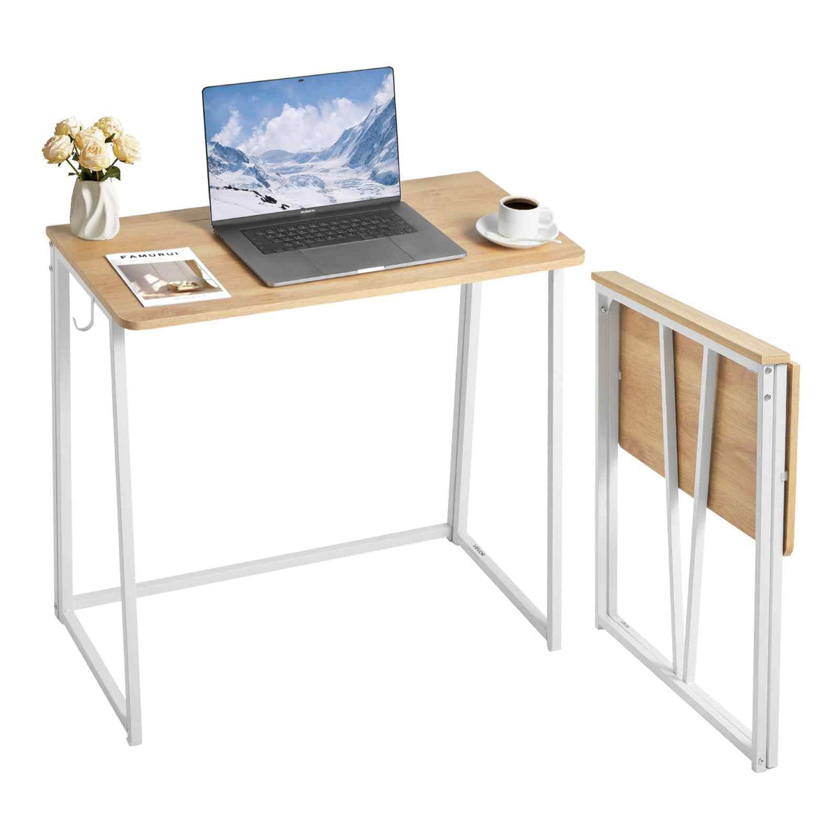 Folding Desk, 31.5" Foldable Table for Small Spaces with Storage Hooks, Space Saving Computer Table, Writing Workstation for Home Office, Easy Assembly, Oak