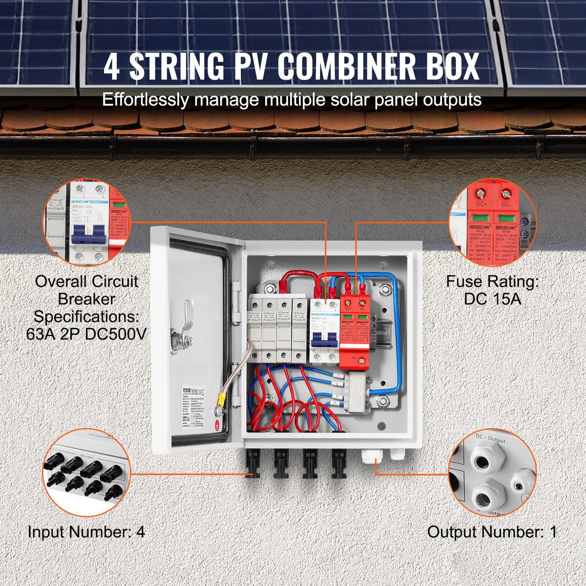 PV Combiner Box, 4 String, Solar Combiner Box with 15A Rated Current Fuse 63A Circuit Breaker Lightning Arrester and Solar Connector, Steel Case for On / Off Grid Solar Panel System, IP65