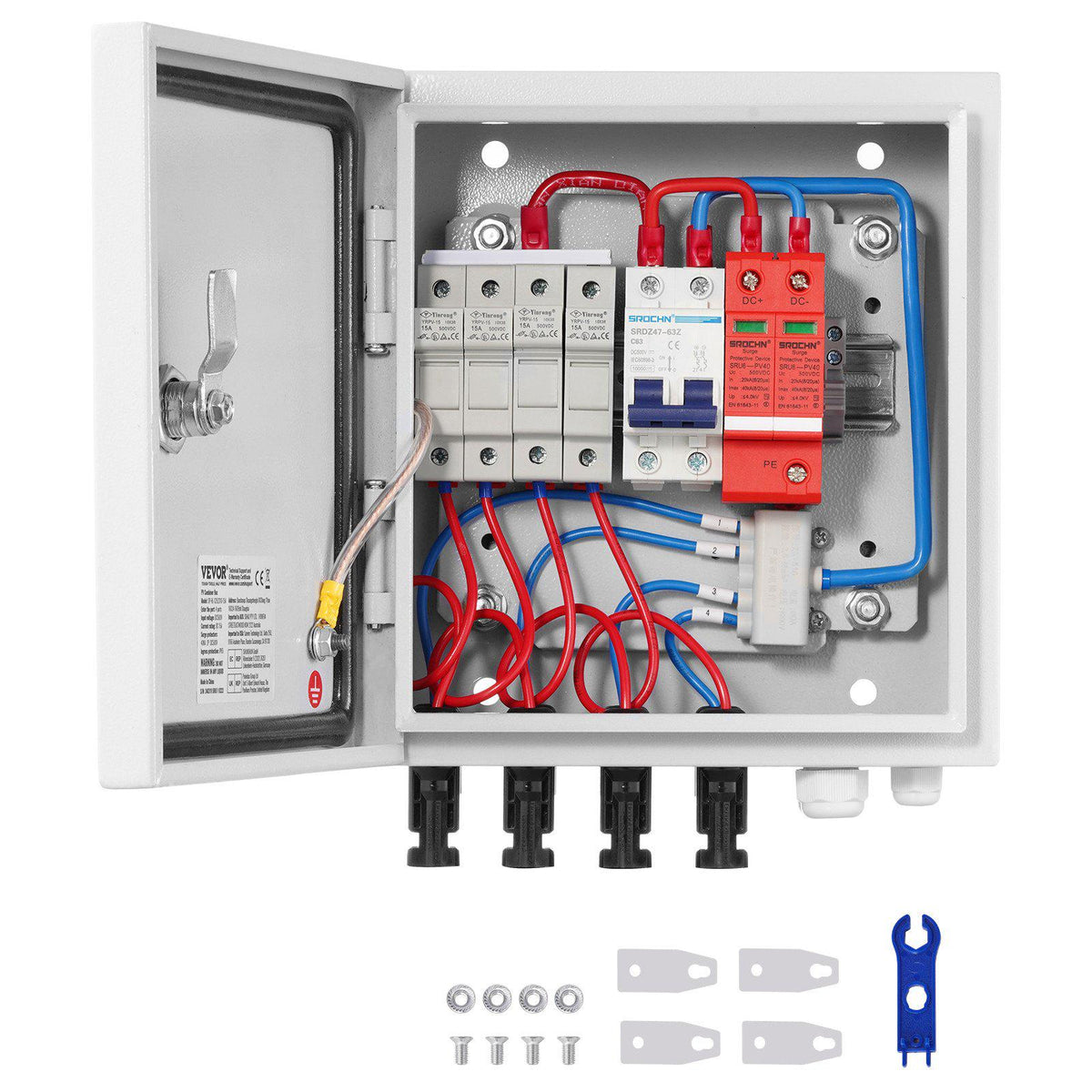 PV Combiner Box, 4 String, Solar Combiner Box with 15A Rated Current Fuse 63A Circuit Breaker Lightning Arrester and Solar Connector, Steel Case for On / Off Grid Solar Panel System, IP65