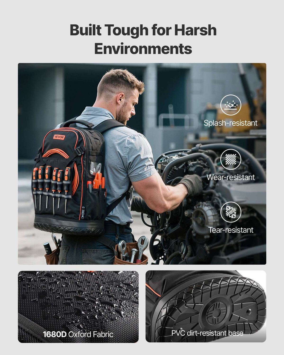 Tool Backpack, 65 Pockets, Heavy-duty Tools Storage Organizer Work Bags with Laptop Compartment & Molded Base, Electrician Jobsite Backpack for Electrician, Repairman, and HVAC Techs