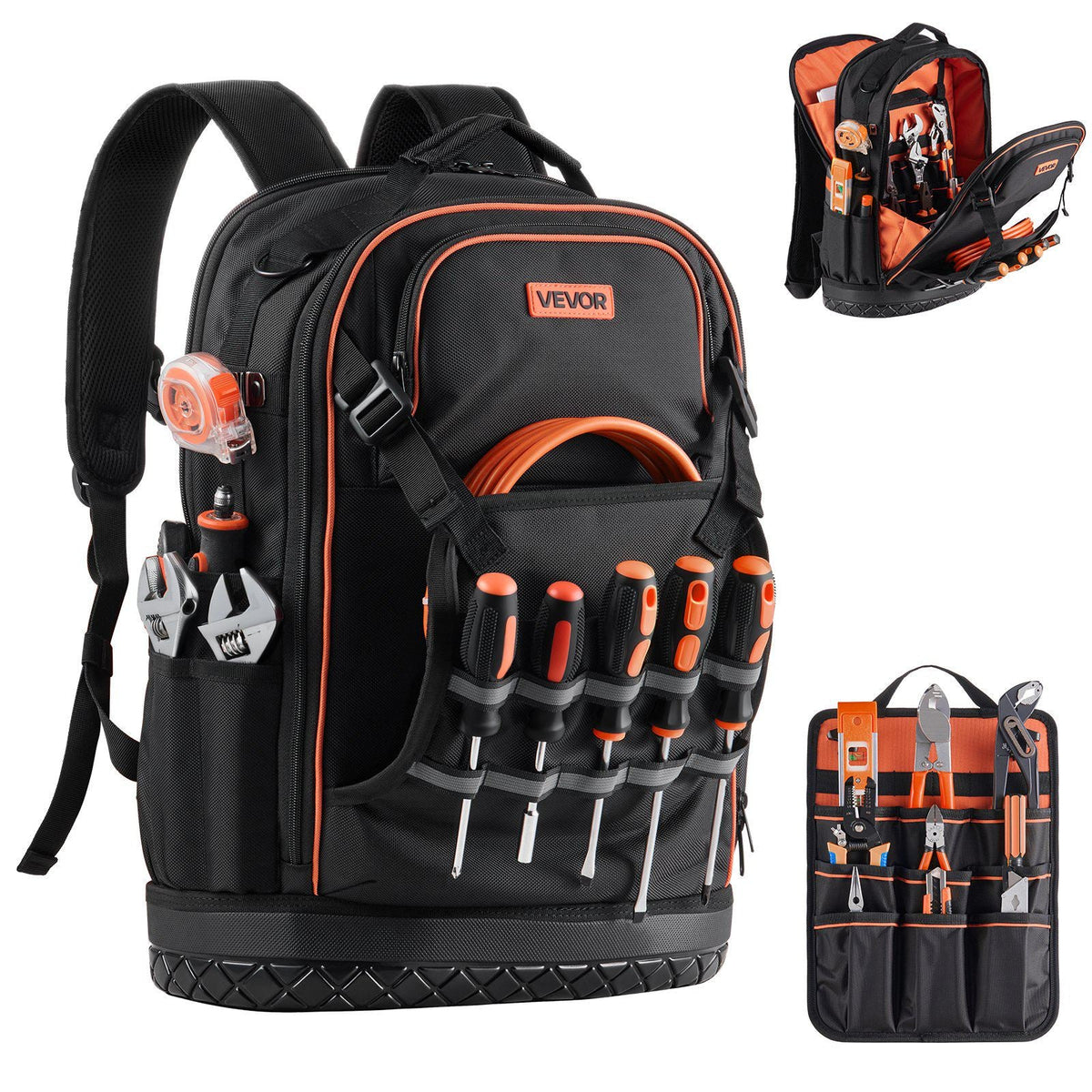 Tool Backpack, 65 Pockets, Heavy-duty Tools Storage Organizer Work Bags with Laptop Compartment & Molded Base, Electrician Jobsite Backpack for Electrician, Repairman, and HVAC Techs