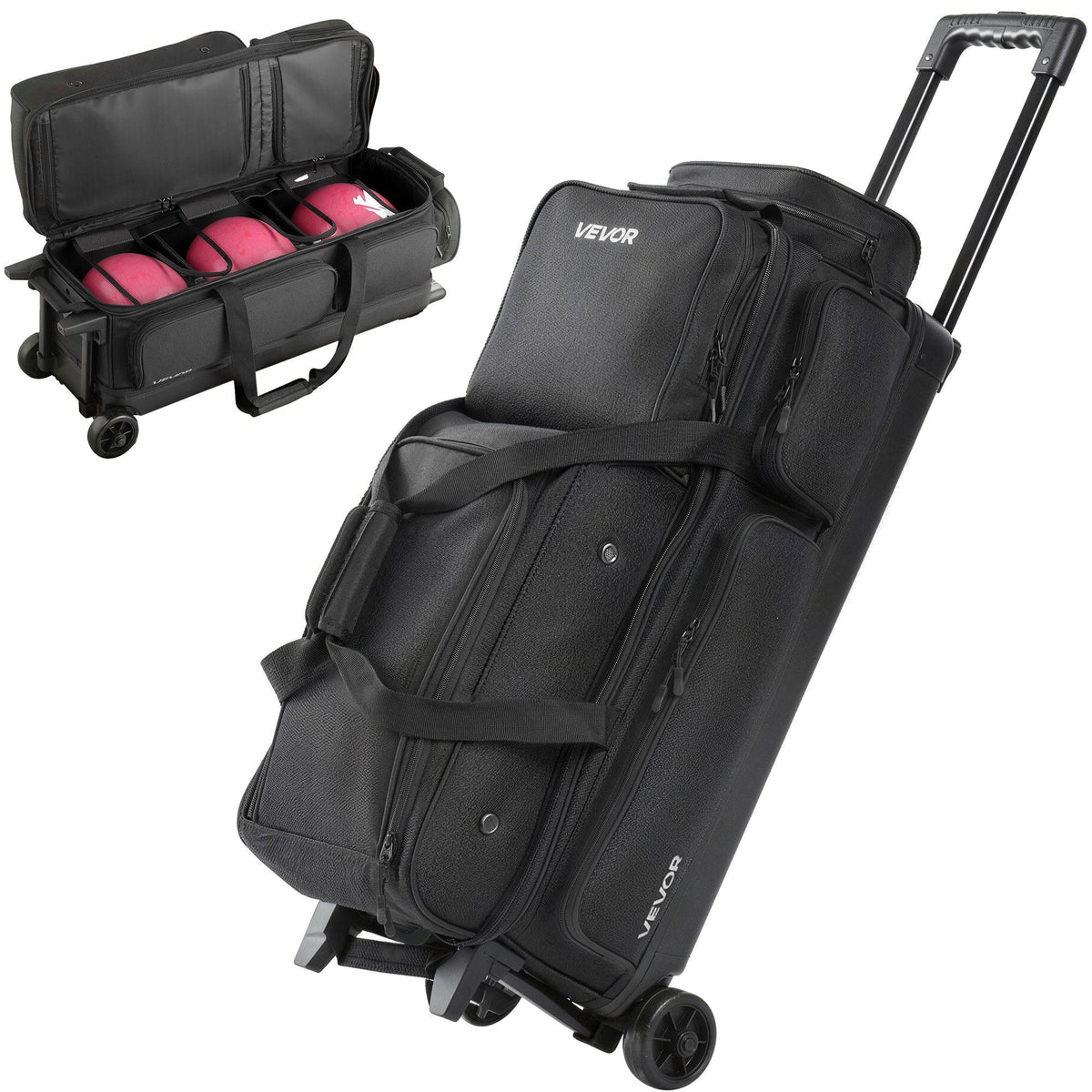Bowling Ball Bag, 3 Ball Double Roller Bowling Bag with Wheels, Featuring a Separate Compartment for Shoes (Up To US Size 16) & Oversized Accessory Pocket, Retractable Handle Extends to 41.34 in