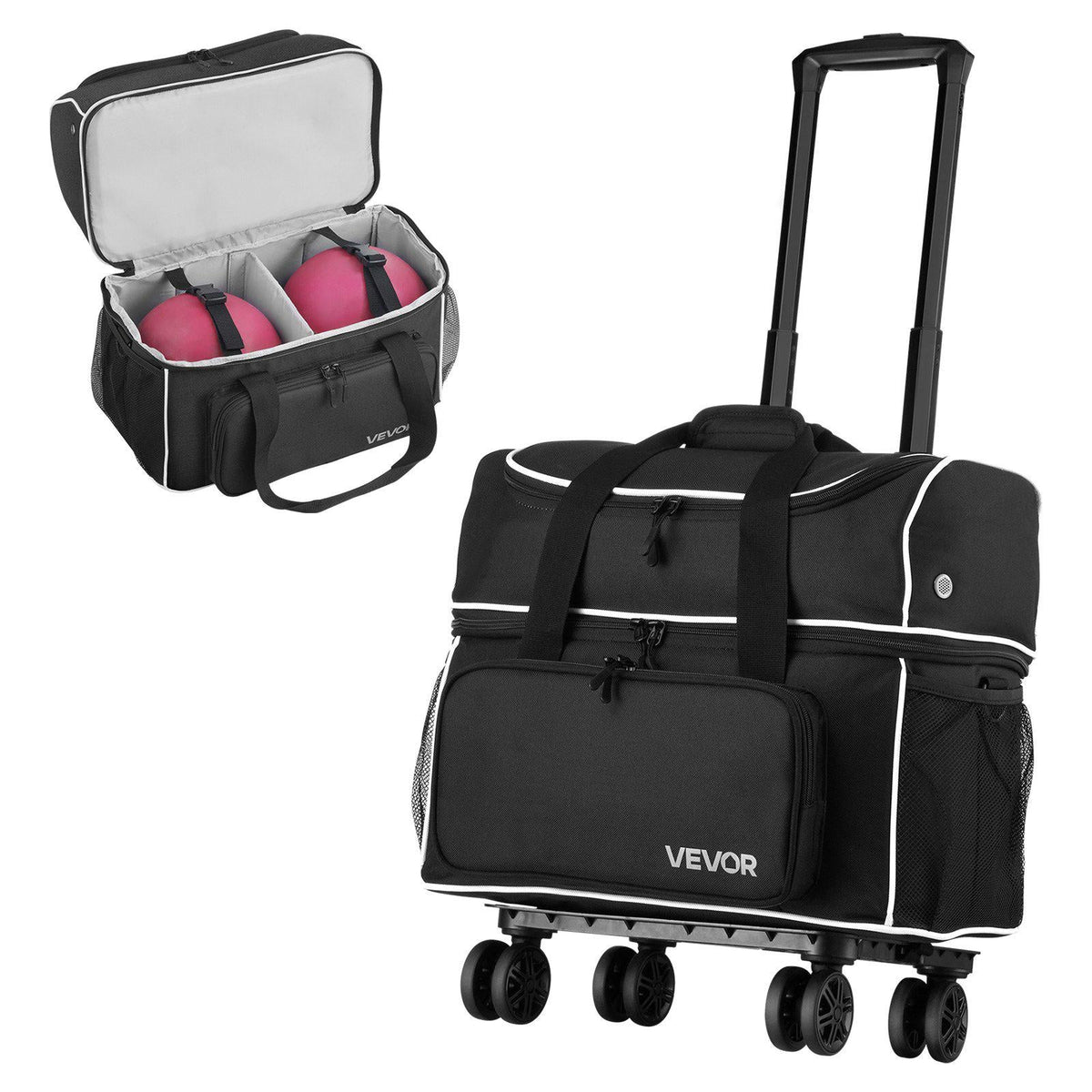 Bowling Ball Bag, 2 Ball Four Roller Bowling Bag with Wheels, Featuring a Separate Compartment for Shoes (Up To US Size 16) & Oversized Accessory Pocket, Retractable Handle Extends to 37.4 in