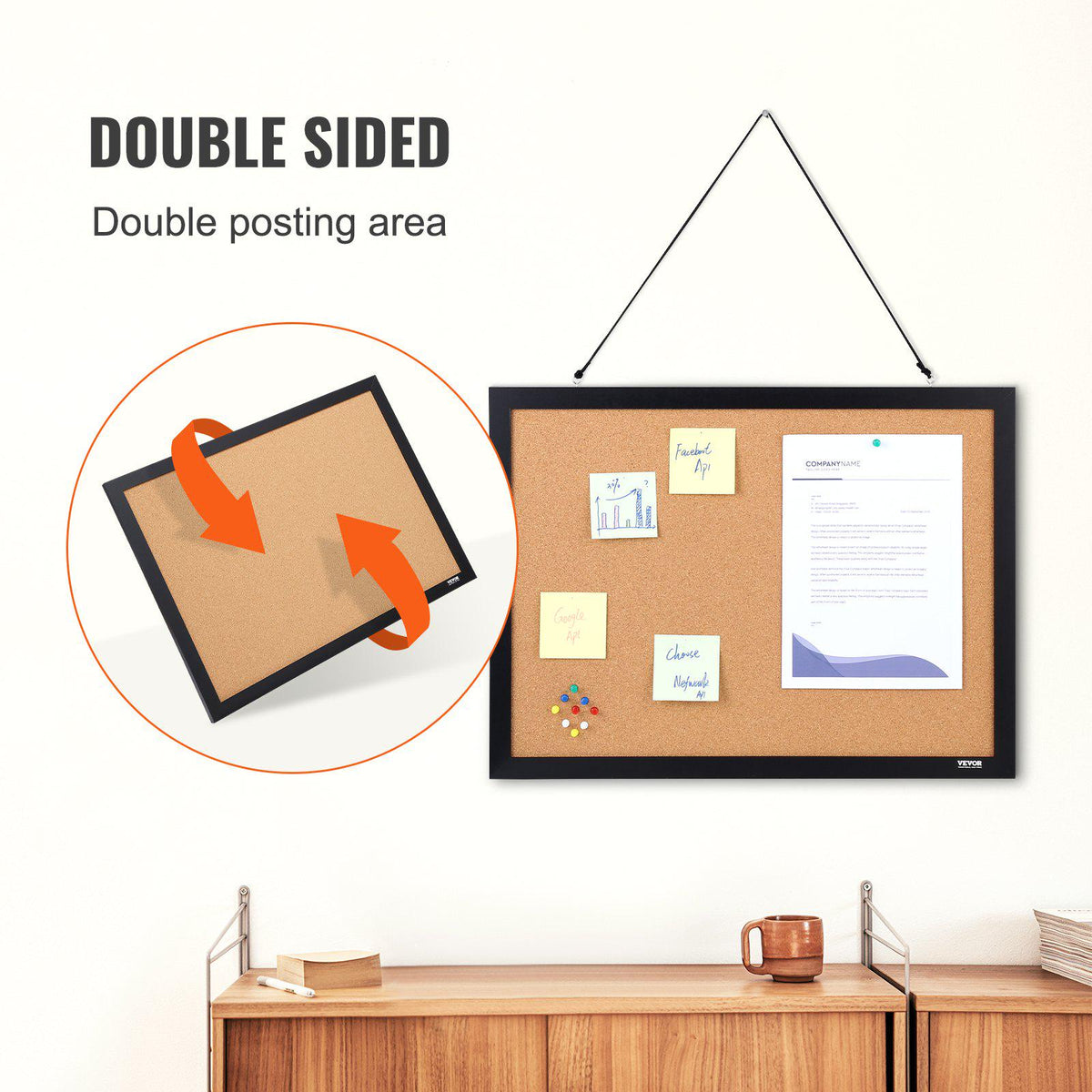 Cork Board, 24 x 18 inches, Double-sided Bulletin Board with MDF Sticker Frame, Vision Board Includes 10 Pushpins, for Display and Decoration in Office Home and School