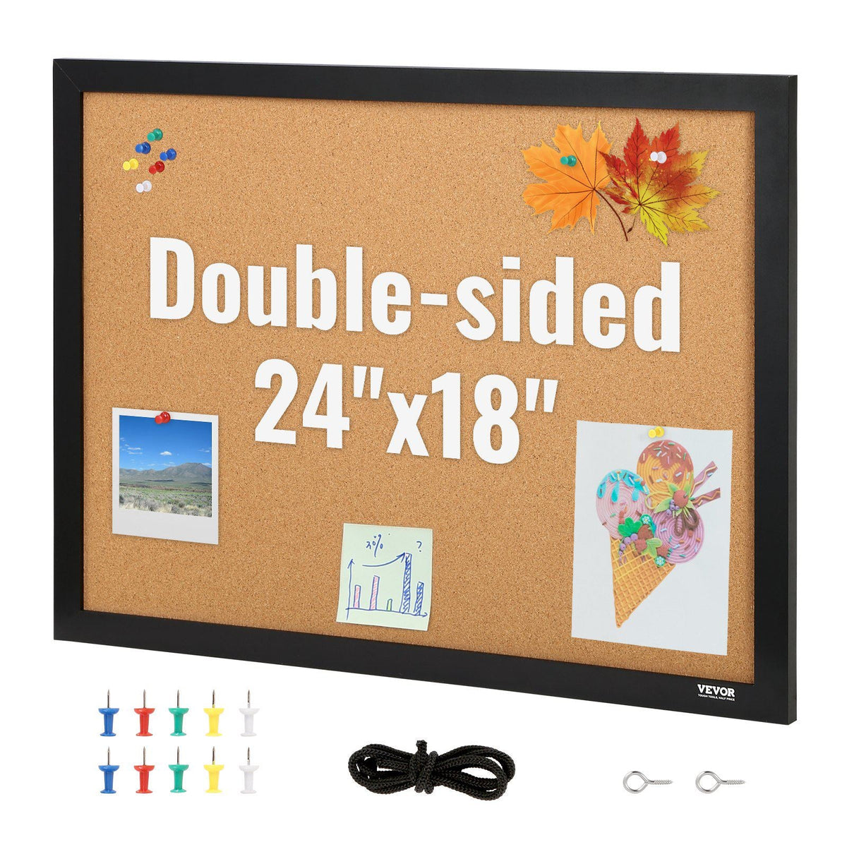 Cork Board, 24 x 18 inches, Double-sided Bulletin Board with MDF Sticker Frame, Vision Board Includes 10 Pushpins, for Display and Decoration in Office Home and School