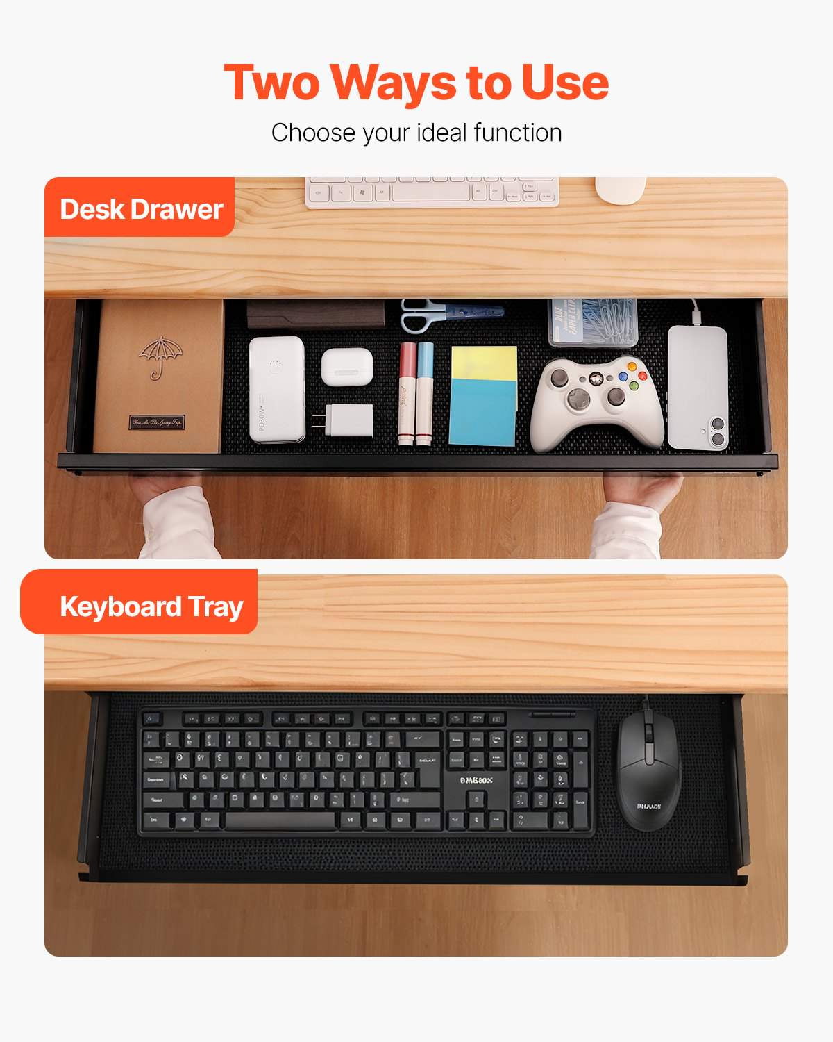 33" Wide Under Desk Drawer Slide Out, Under Desk Mounted Pull-out Drawer Attachment, Hidden Desktop Storage Organizer, Under Table Pencil Drawer for office Home Sit Stand Workstation, 33x9x4 in