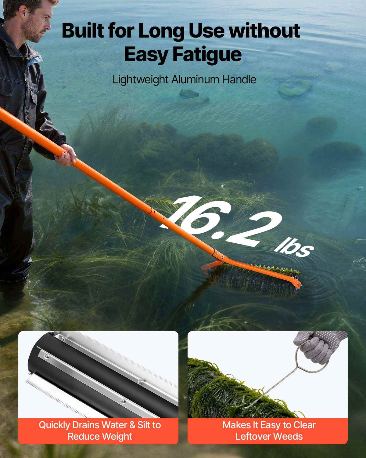 Lake Weed Roller, 14.1 ft Stainless Steel Lake & Pond Weed Removal Tool, Muck Razer Aquatic & Sludge Tiller, Rid Roots and Muck Buildup, 6 Preassembled Stainless Steel Blades, 4 Aluminum Handles