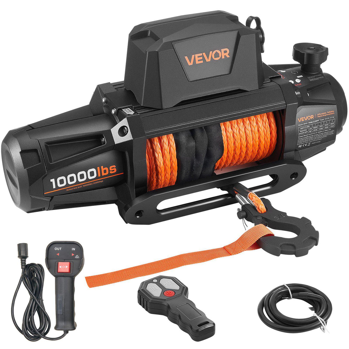 Electric Winch, 10000 lbs Load Capacity, 12V DC Truck Winch with Φ7/20 in x 90 ft Synthetic Rope, Wireless & Wired Remote Control, IP68 Waterproof for Towing Off-Road SUV Jeep Trailer Boat