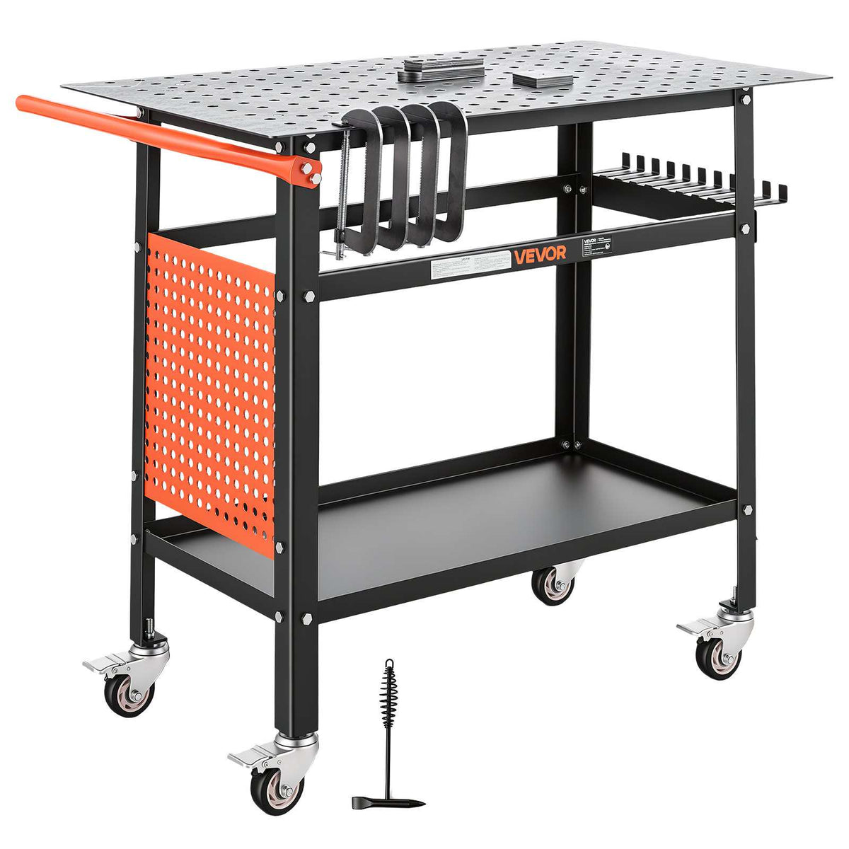 Welding Table 40" x 24" Movable Welding Workbench 800LBS Capacity, Heavy-Duty Steel Work Table Platform with 4 Lockable Casters, 0.63" Fixture Holes, Tool Tray, Pegboard & Hooks for Workshops