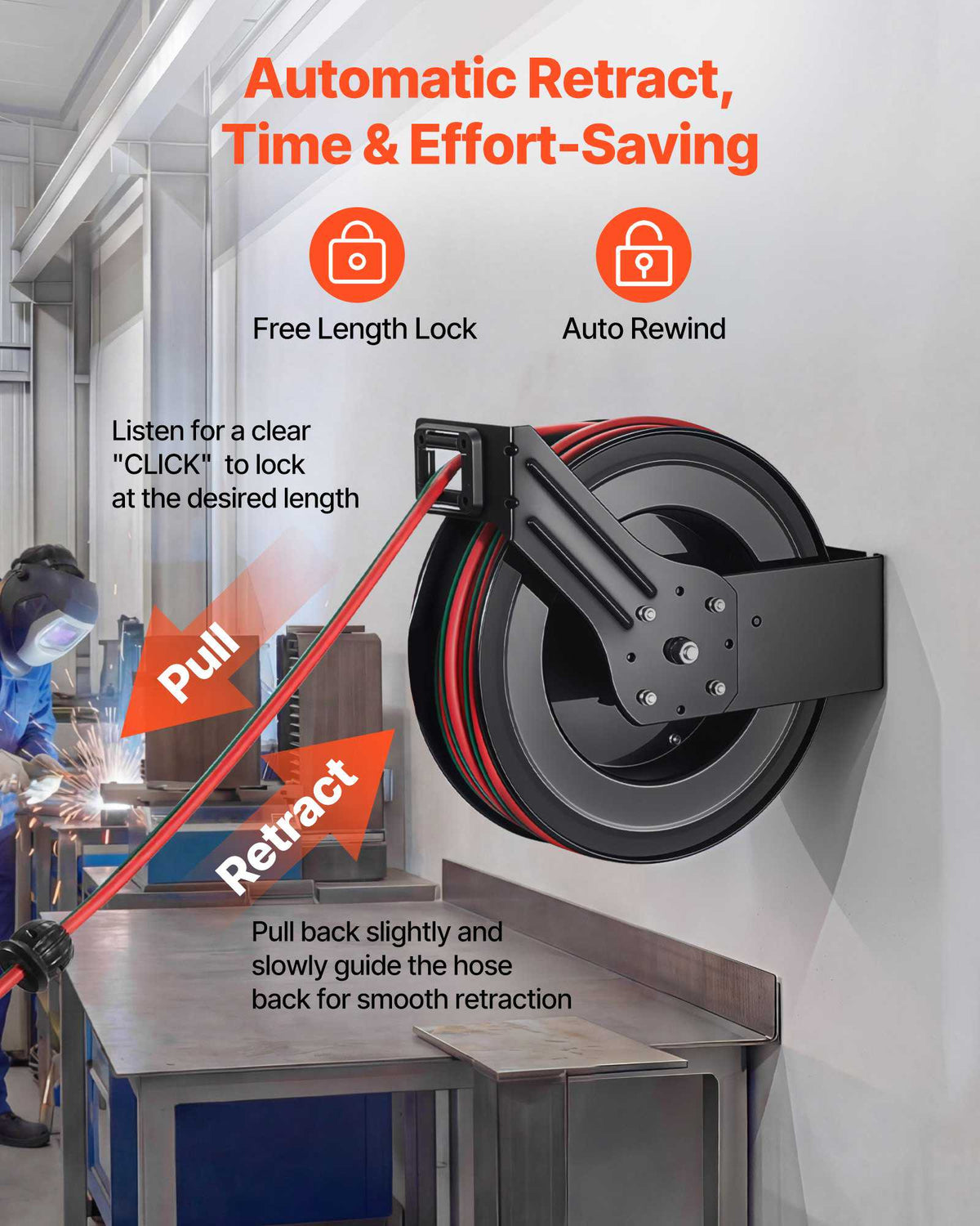 Retractable Welding Hose Reel, 1/4 Inch x 100FT Twin Oxygen Acetylene Rubber Hose Max 300PSI - R Grade, Ceiling/Wall Mount Heavy Duty Steel Hose Reel Auto-Rewind, Ideal for Workshops Garages
