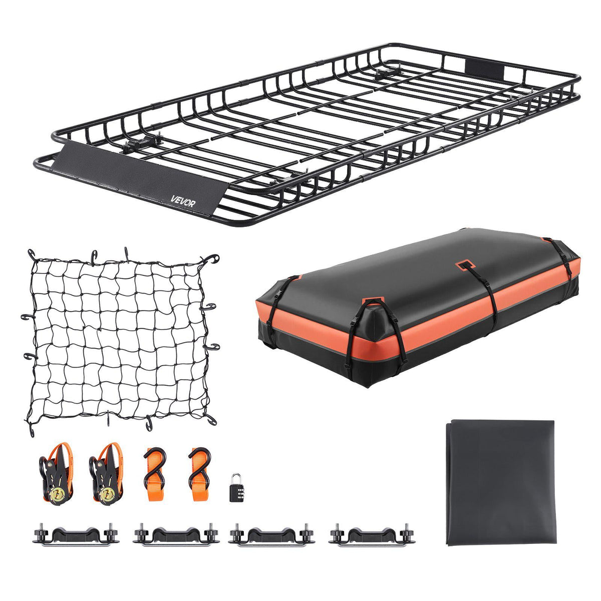 Roof Rack Basket, 84 x 39 x 4.1 in, Universal Rooftop Cargo Carrier with 7.9 x 3.9 x 10.2 in Cargo Bag, Net, Ratchet Straps, 250 lbs Max Load Capacity Car Top Luggage Holder, for SUV Truck Car