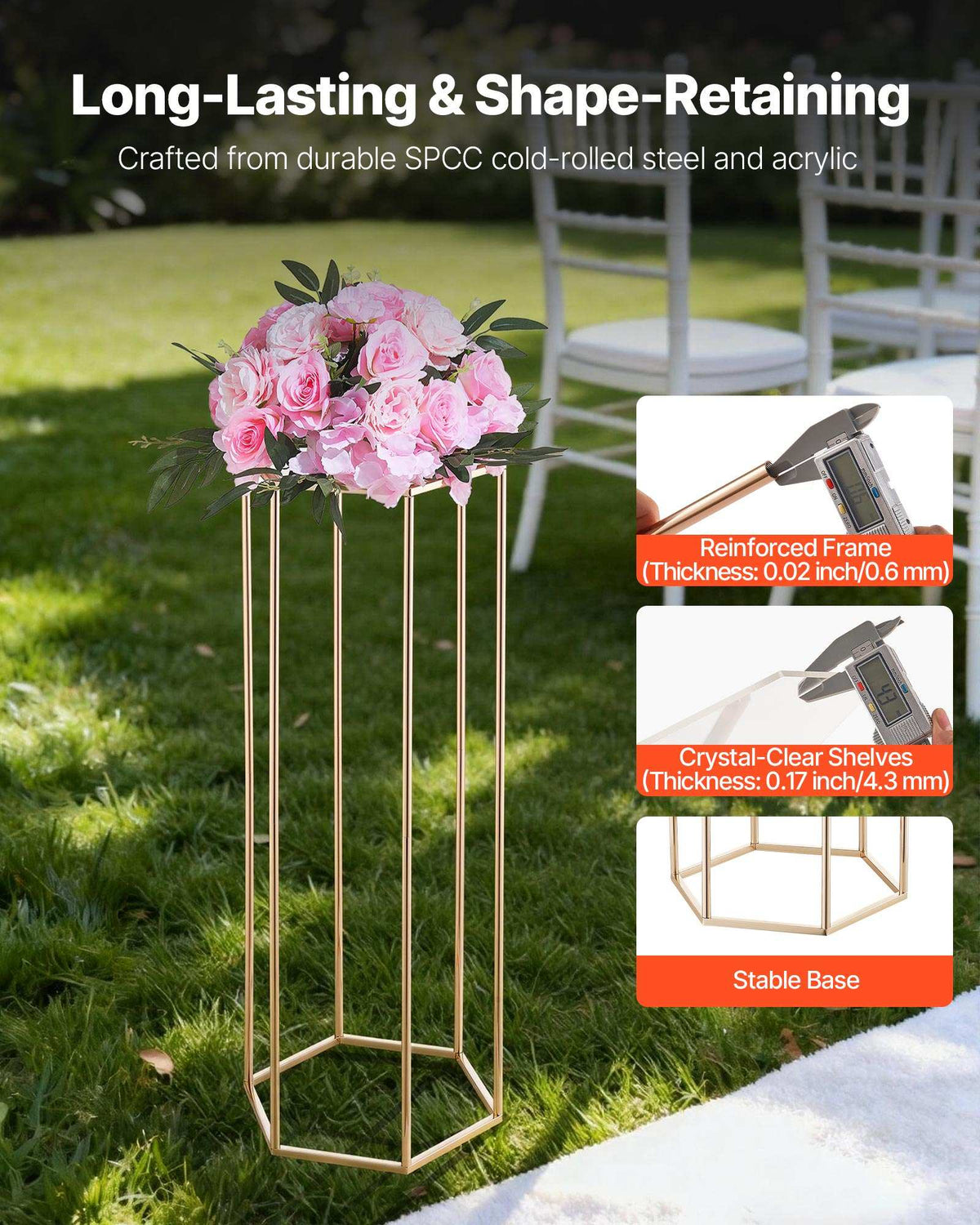 Wedding Flower Stand, 10PCS 31.5-inch Column Flower Stand, Floral Stands with Acrylic Laminate, Hexagonal Cubic Floral Display Rack for Wedding, Party, Birthday, Home, French Gold Stands