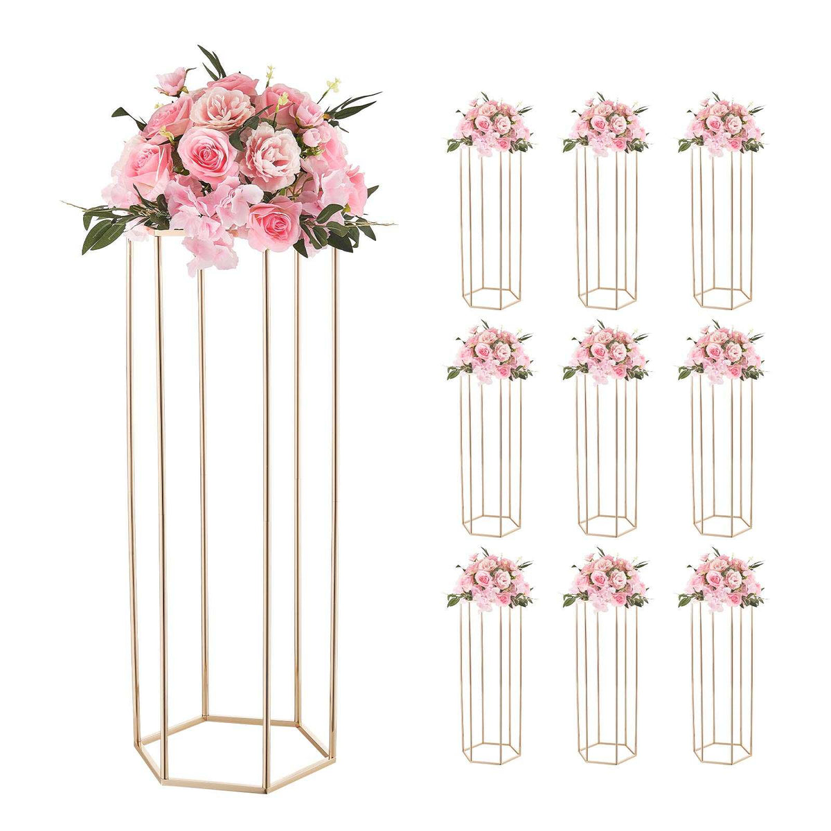 Wedding Flower Stand, 10PCS 31.5-inch Column Flower Stand, Floral Stands with Acrylic Laminate, Hexagonal Cubic Floral Display Rack for Wedding, Party, Birthday, Home, French Gold Stands