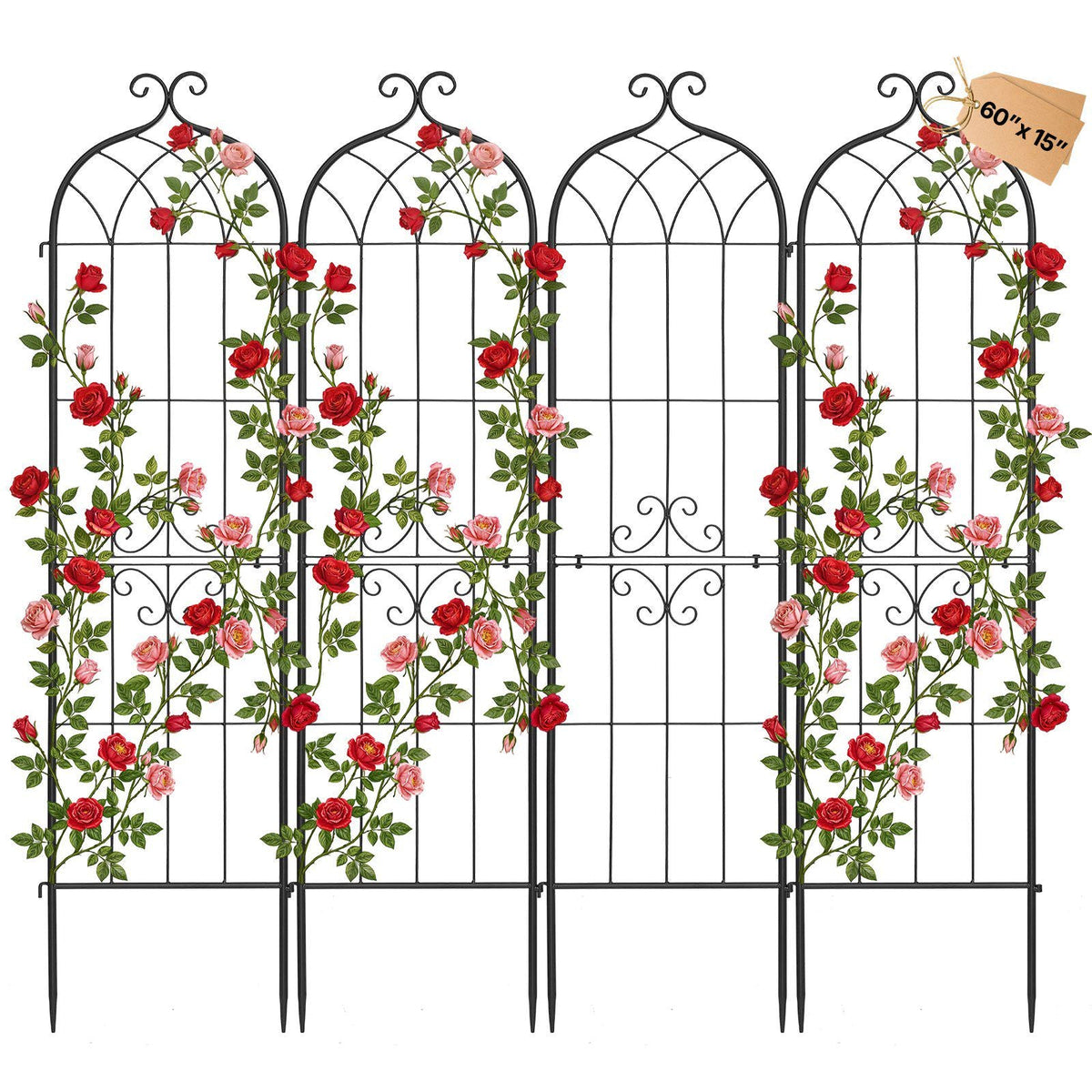 Garden Trellis, 60 x 15 inch Rose Trellis, 4 Packs Garden Flower Rose Trellises with Powder-Coated Finish & Convenient Locking Design, Plant Support Trellises for Flowers, Vegetables, Roses