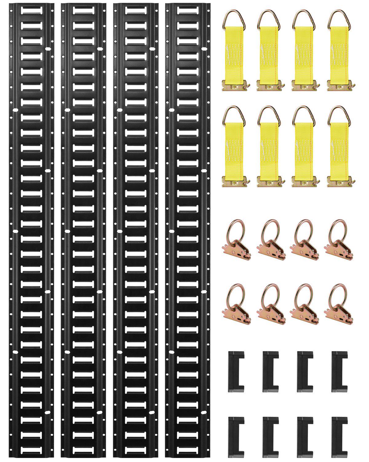 E Track Tie-Down Rail Kit, 30PCS 5FT E-Tracks Set Includes 4 Steel Rails & 2 Single Slot & 8 O Rings & 8 Tie-Offs with D-Ring & 8 End Caps, Securing Accessories for Cargo, Motorcycles, and Bikes