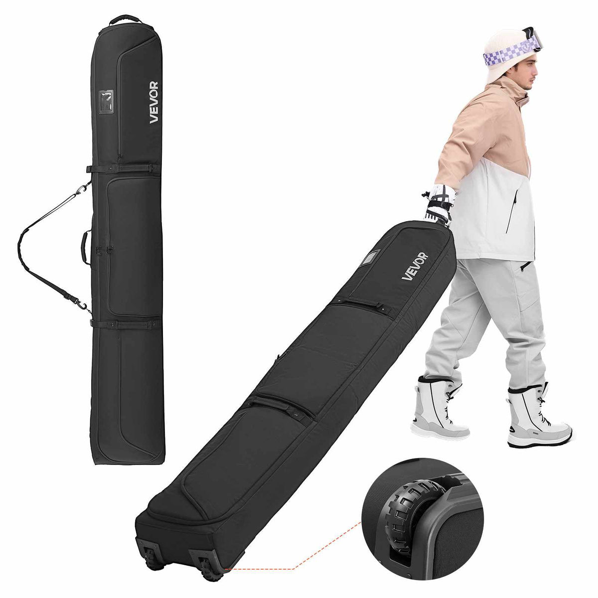 Ski Roller Bag, Up to 74.8 in/190 cm, Padded Snowboard Bag with Wheels for Air Travel, 600D Waterproof Oxford Fabric, with Adjustable Straps, for Skis Poles Goggles Gloves Helmet Boots (Black)