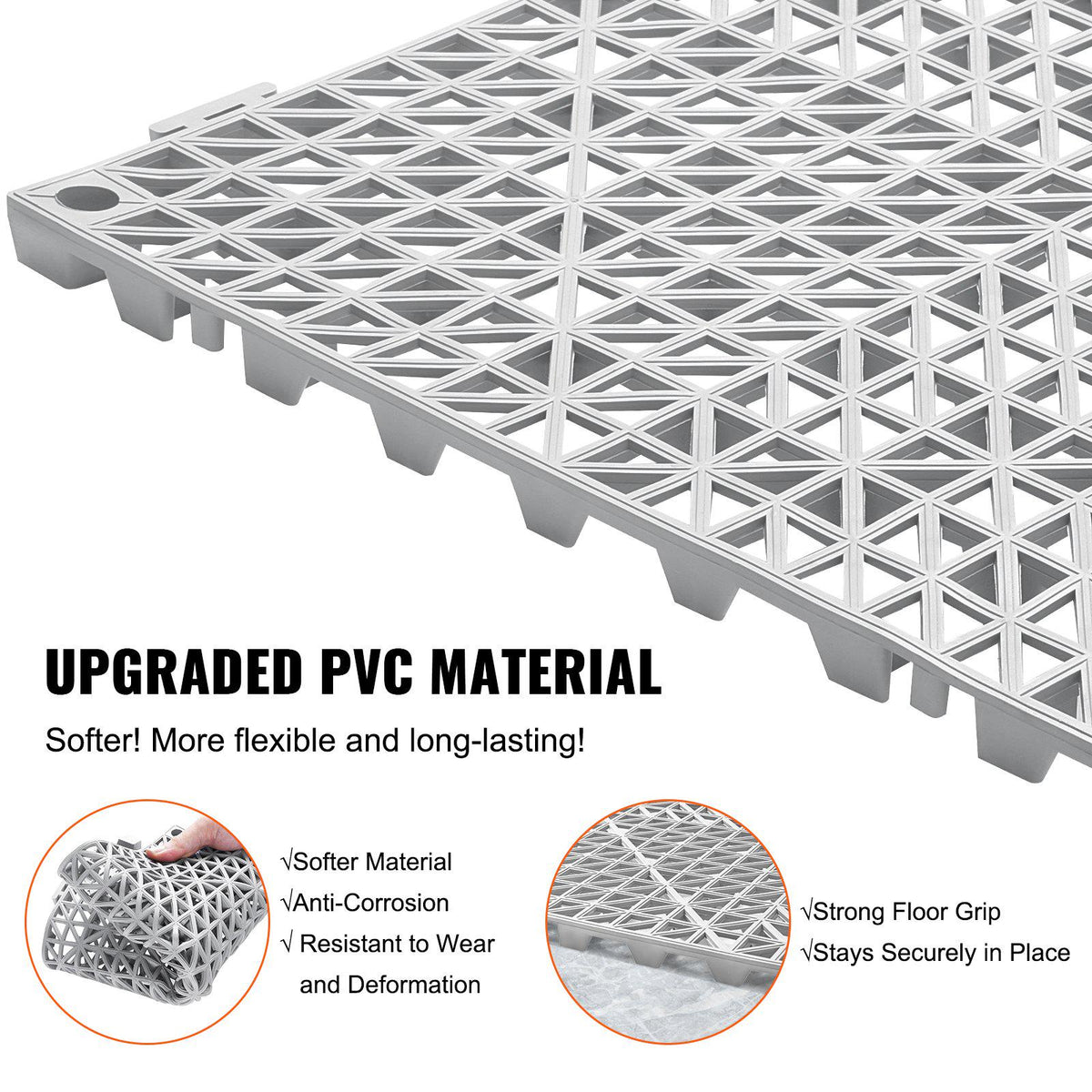 Interlocking Tile 55PCS Grey, Drainage Tiles 12" x 12"x 0.6 Splicing, Soft PVC Interlocking Floor Tiles, Non-Slip Drainage Holes for Restroom, Bathroom, Kitchen, Pool, Wet Area