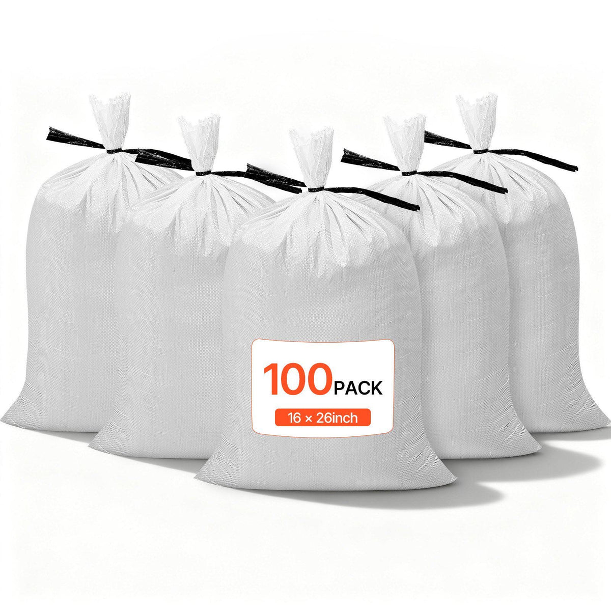 Empty Sandbags, 100 Packs 16 x 26 in, Heavy Duty Sand Bags Sacks with Ties, 50lb Capacity Woven Polypropylene Sandbags, Tear-Resistant & UV-Resistant Sand Bags for Flood Protection Barrier