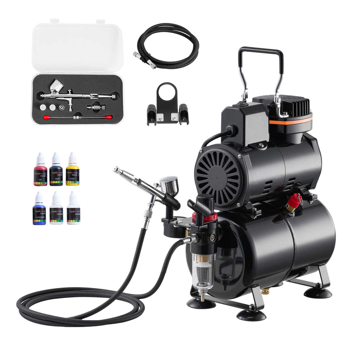 Airbrush Kit, 1/6 HP, Air Brush Kit with Air Compressor and Tank, 1 Dual-Action Professional Airbrush with 3 Tips, Acrylic Paint, Low Noise, for Cake Decorating, Model Painting, Nail Art