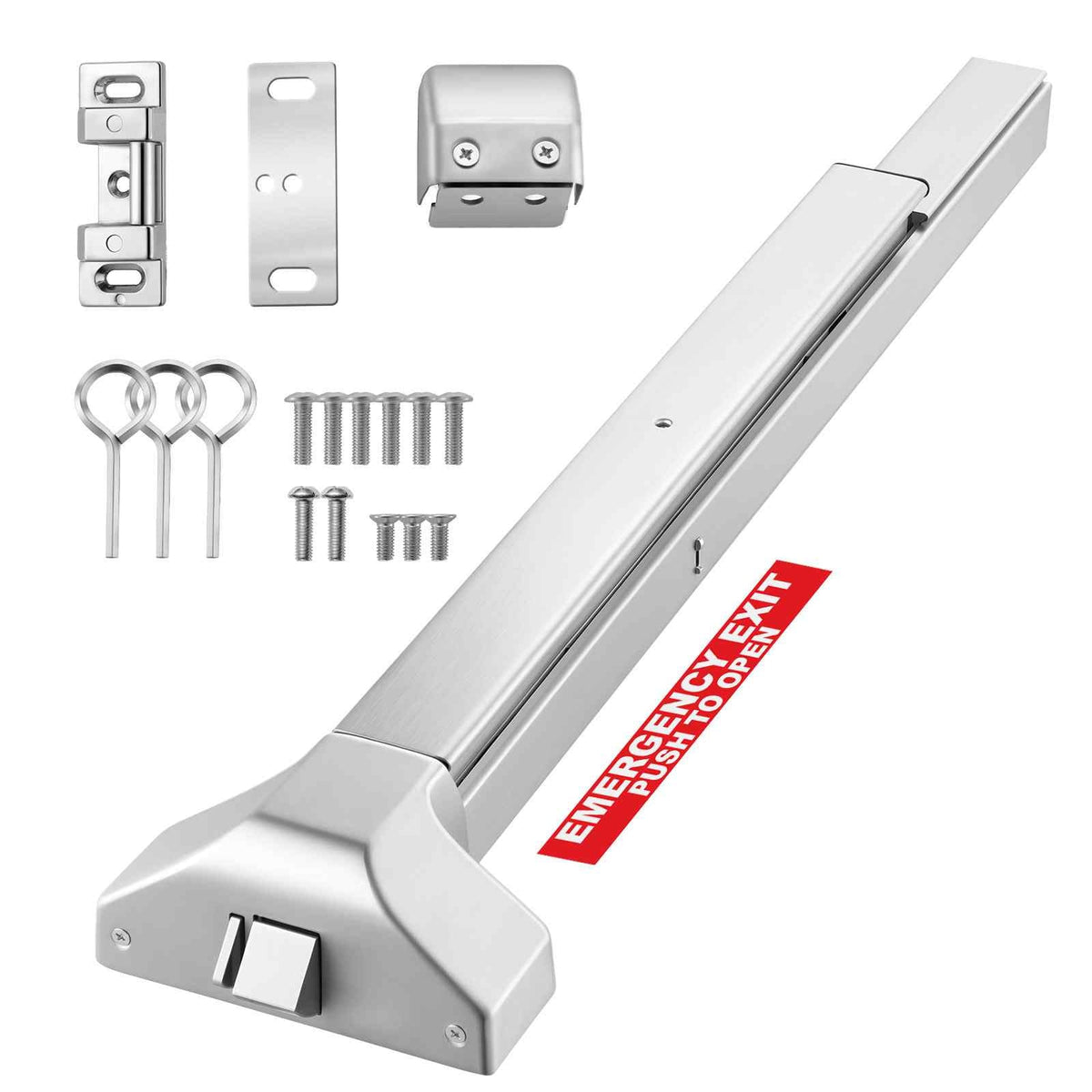 Push Bar Panic Exit Device, 31" Stainless Steel Commercial Panic Bar for Exit Doors, Emergency Exit Door Hardware with Dual Locking Bolt and Sticker, for 31"-46" Wood or Metal Door, Silver