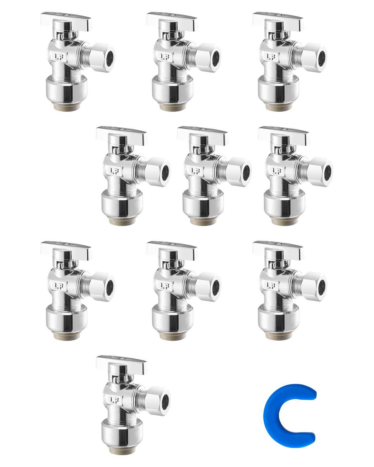 10 Pack Angle Stop Valve, Push-to-Connect Water Shut Off Valve 1/2" PTC x 3/8" OD Compression, 1/4 Turn Chrome Plated Brass Shutoff Valves for Copper, CPVC, PE-RT, PEX Pipe