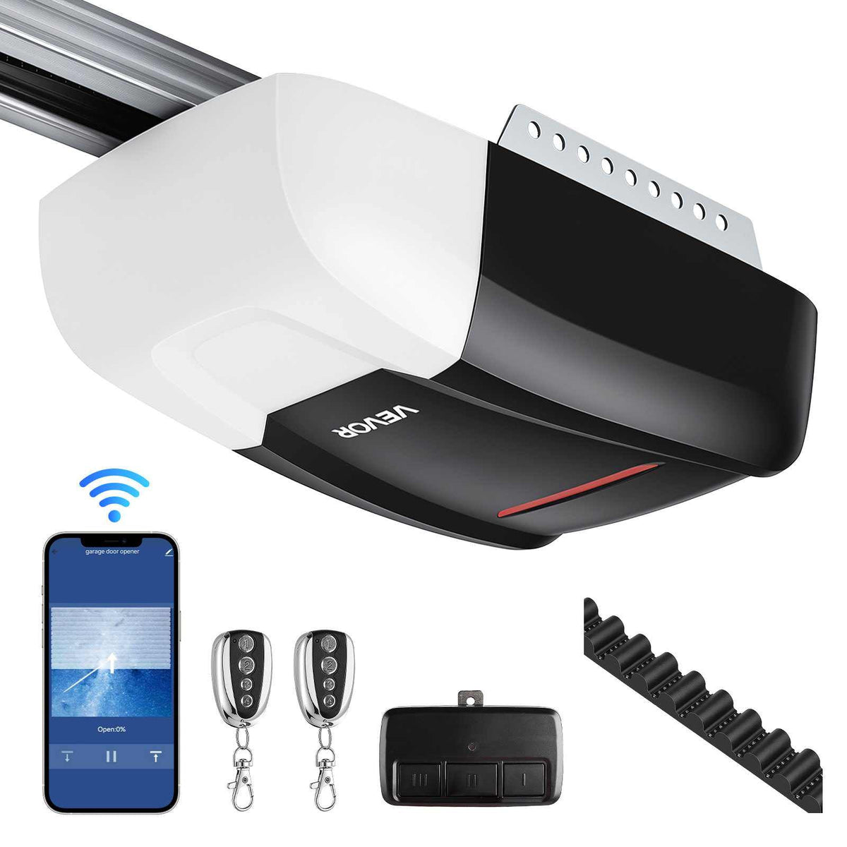 Garage Door Opener 1/2 HP Ultra-Quiet Belt Drive WiFi Smart Opener, for Residential Garage, Includes Durable Rail, 3 Remotes, Smartphone App Control, Obstacle Sensor & LED Light, Black & White