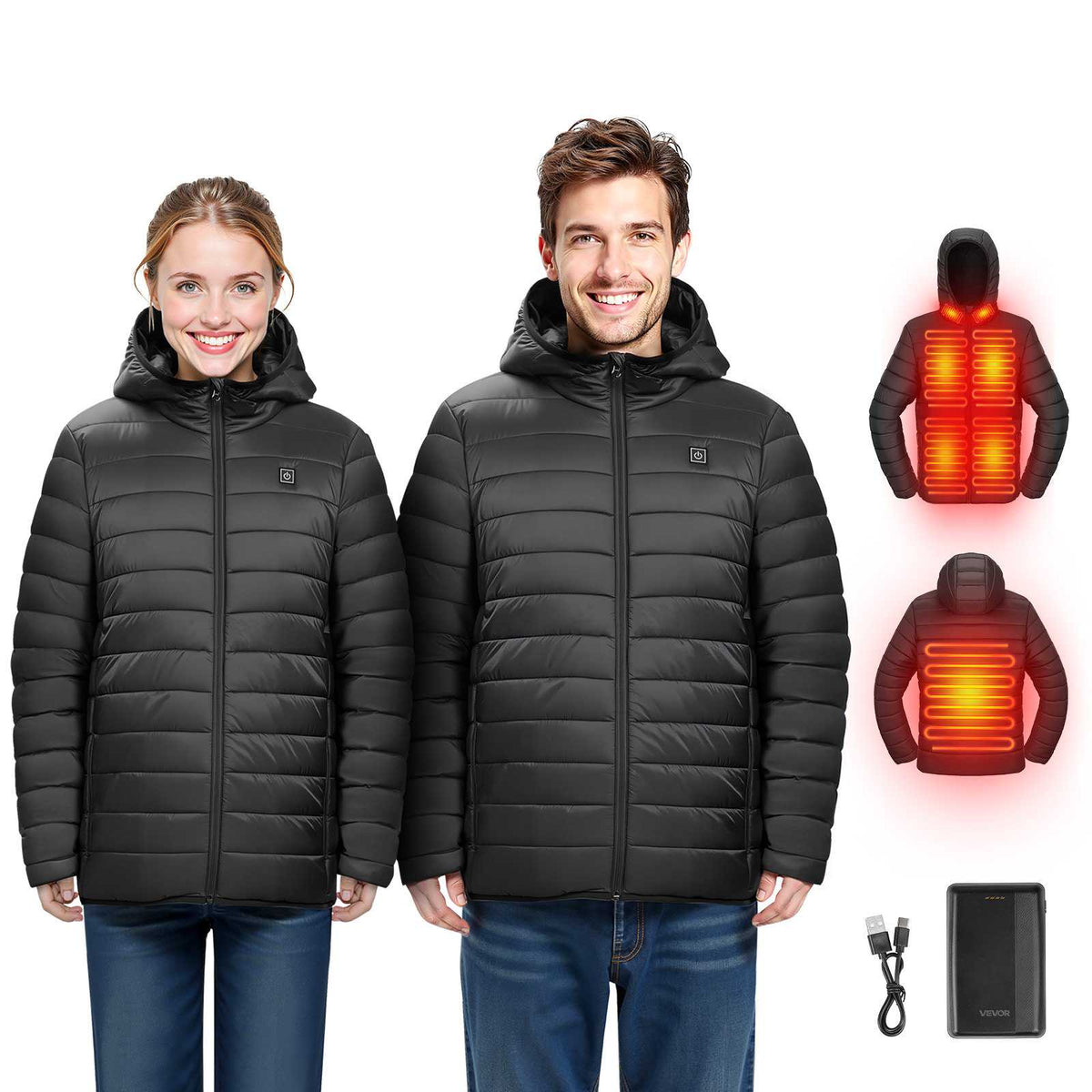 Heated Jacket for Men with 7.4V Battery, Soft Shell Electric Heating Coat, Windproof Lightweight Outerwear with 6 Heating Zones & 3 Heat Settings for Hiking, Outdoor Work, Black, XL Size
