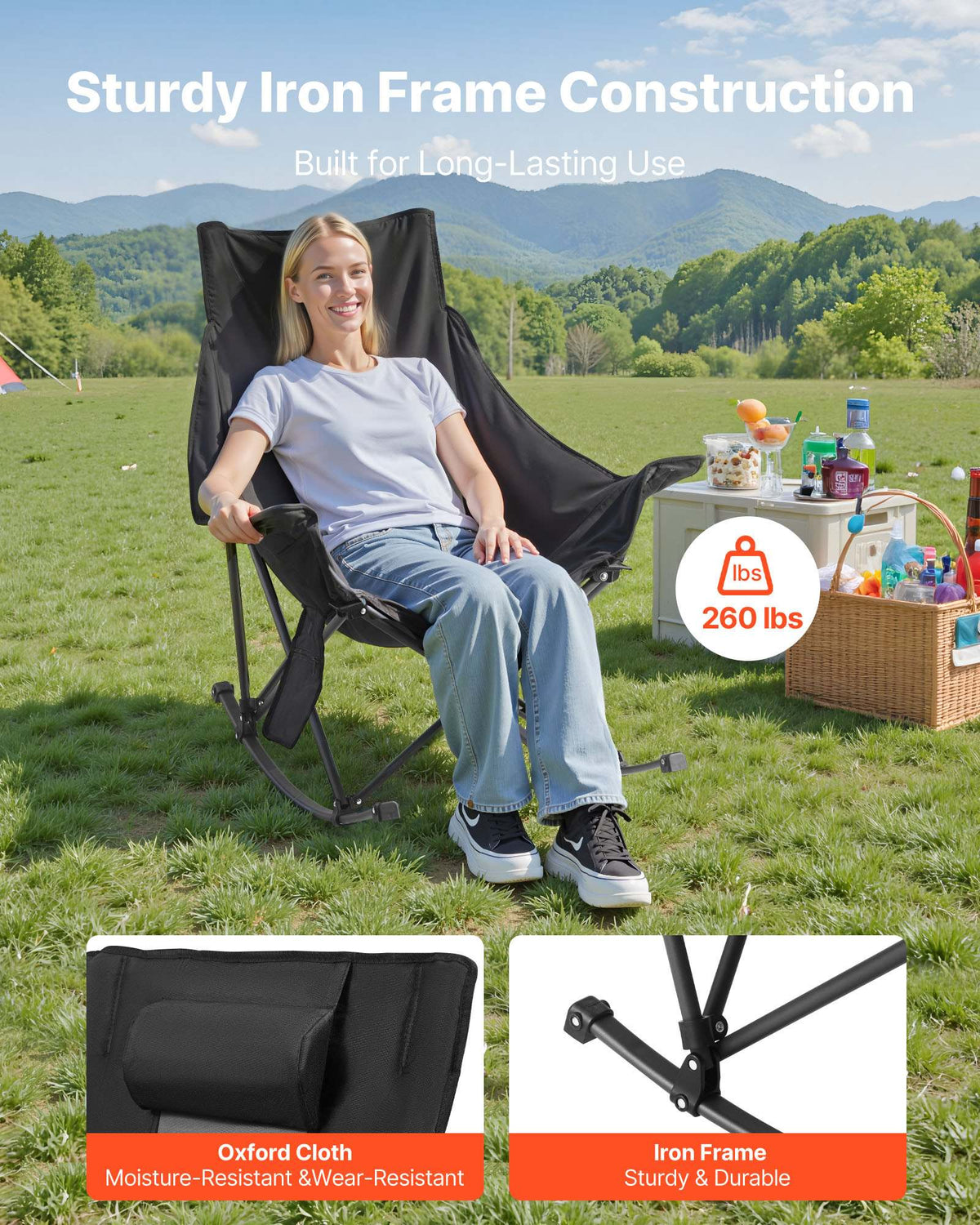 Heated Camping Chair, 3 Heating Settings, Large-Sized Padded Folding Rocker, Heavy Duty Outdoor Lawn Chairs with Pocket & Cupholder, Support 225lbs, Portable Heated Chair for Sports Winter Use