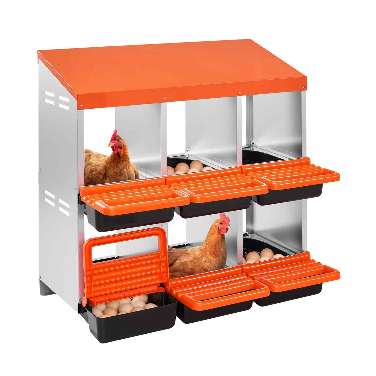 2 Tiers Chicken Nesting Boxes, 6 Compartments, Metal Egg Laying Boxes with Protective Collection Lids, Roll Out Nesting Box, Easy to Assemble, Ideal for Hens, Ducks, Chickens, and Other Poultry