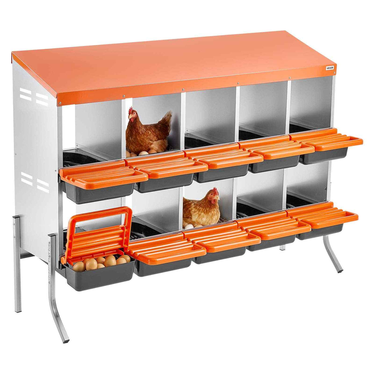 Chicken Nesting Boxes, 10 Compartments, with Support Legs, Easy Egg Collection, Galvanized Steel and High-Strength Plastic, Roll Away Nesting Boxes for Chickens and Hens Laying Eggs, Orange