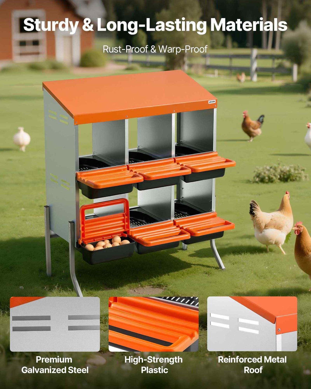 Chicken Nesting Boxes, 6 Compartments, with Support Legs, Easy Egg Collection, Galvanized Steel and High-Strength Plastic, Roll Away Nesting Boxes for Chickens and Hens Laying Eggs, Orange