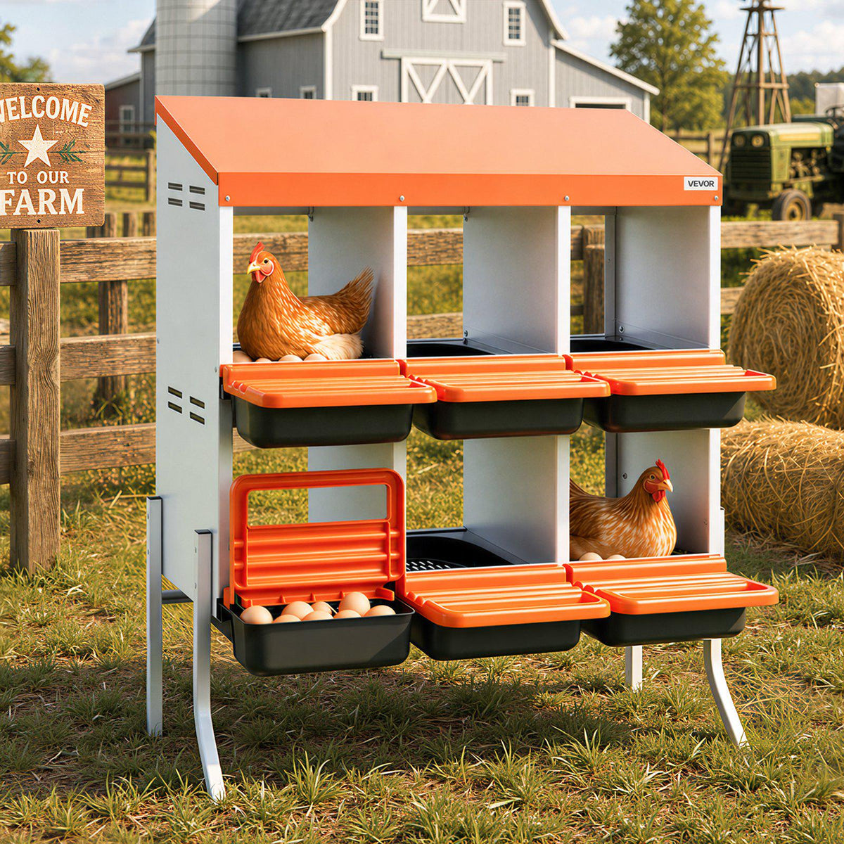 Chicken Nesting Boxes, 6 Compartments, with Support Legs, Easy Egg Collection, Galvanized Steel and High-Strength Plastic, Roll Away Nesting Boxes for Chickens and Hens Laying Eggs, Orange
