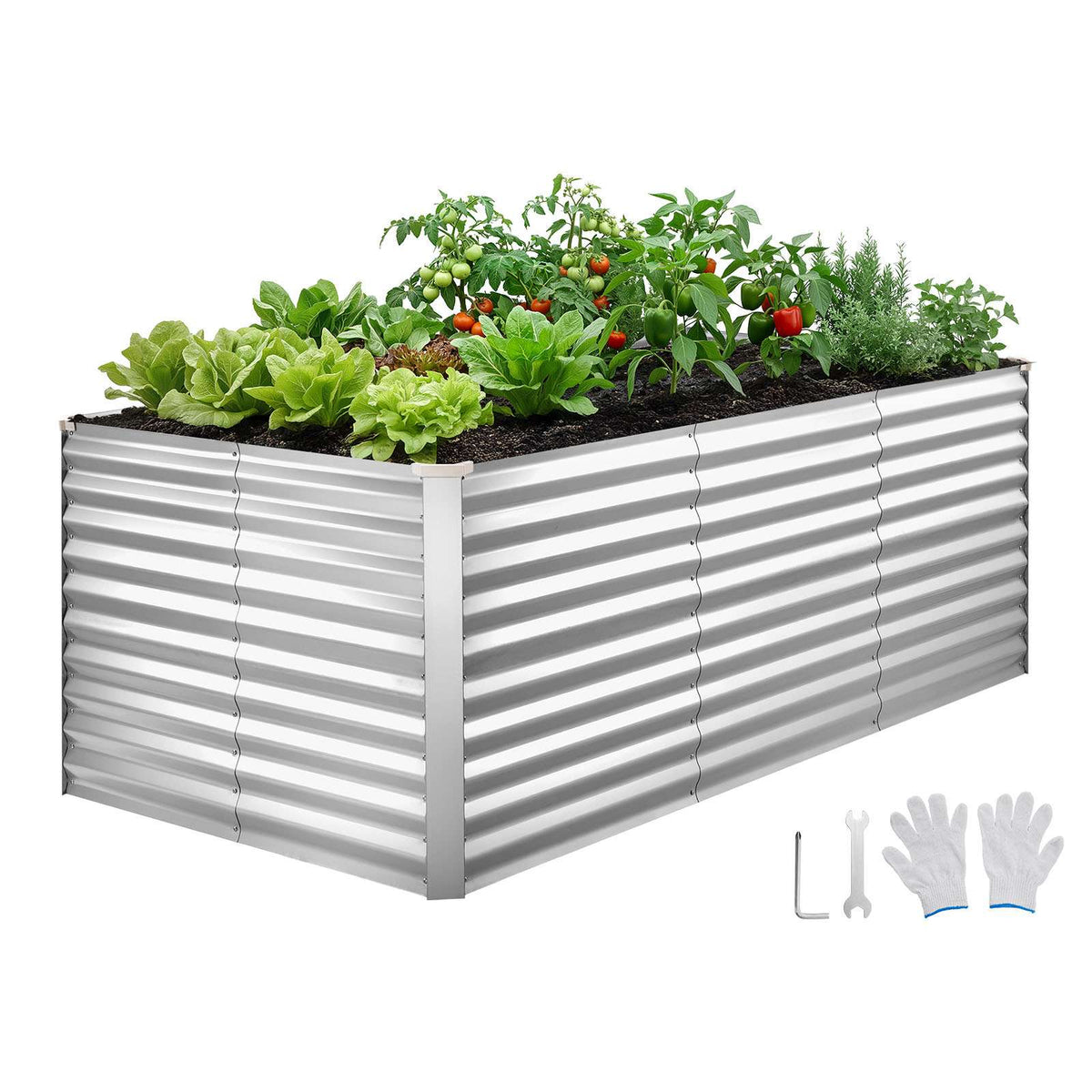 Galvanized Raised Garden Bed, 8 x 4 x 3 ft, Rectangular Metal Planter Box Kit Outdoor, Bottomless Elevated Planting Box with Gloves, Rustproof Alu-Zinc, for Growing Flowers Vegetables, Silver