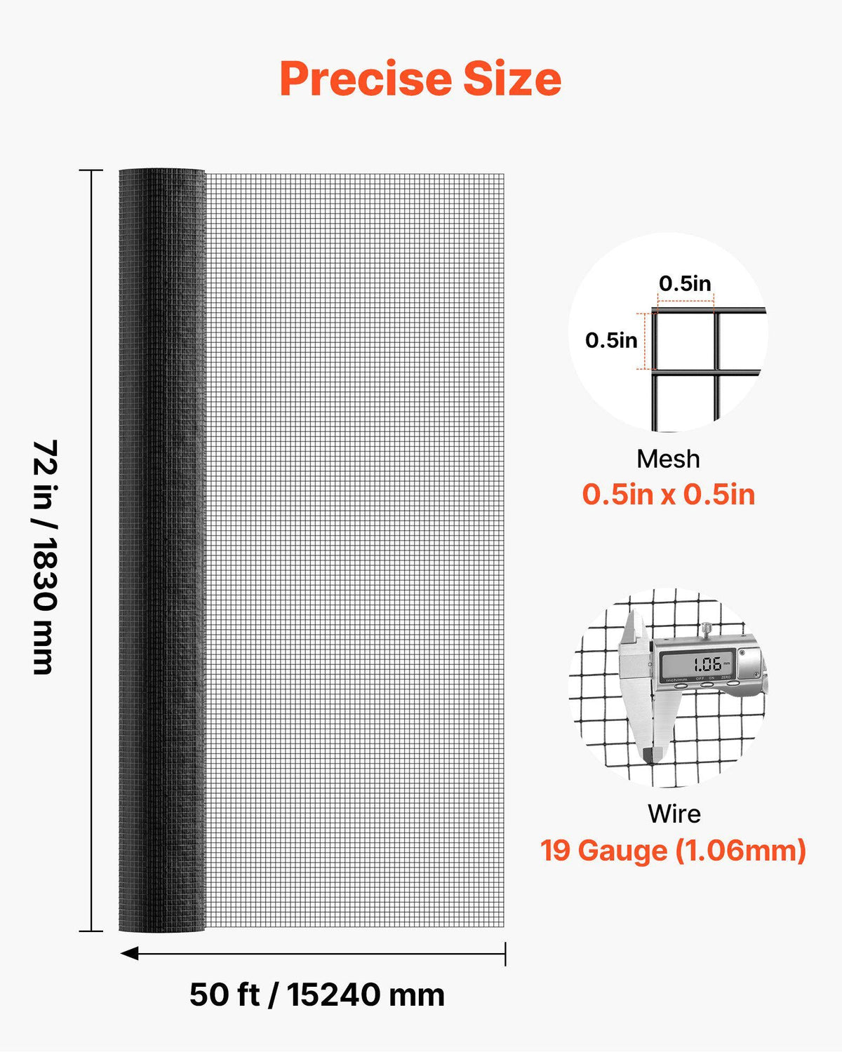 Hardware Cloth 72 in x 50 ft, 1/2 in 19 Gauge Galvanized Wire Mesh Roll, Weather-Resistant Vinyl Coated Chicken Wire Fencing, Heavy Duty Welded Garden Plant Fencing for Rabbit Cage Snake Fence