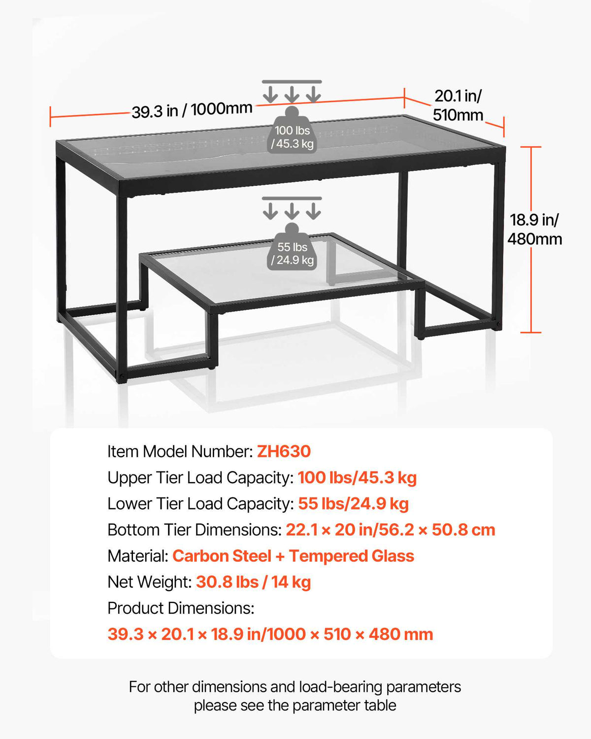 Coffee Table, Modern Tempered Glass Coffee Table with Lighting, 2 Tiers Rectangle Glass Center Desk with Open Storage, Minimalist Metal Accent End Desk for Living Room, Office, Easy Assembly