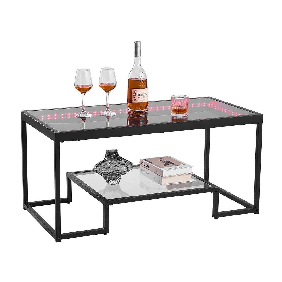 Coffee Table, Modern Tempered Glass Coffee Table with Lighting, 2 Tiers Rectangle Glass Center Desk with Open Storage, Minimalist Metal Accent End Desk for Living Room, Office, Easy Assembly