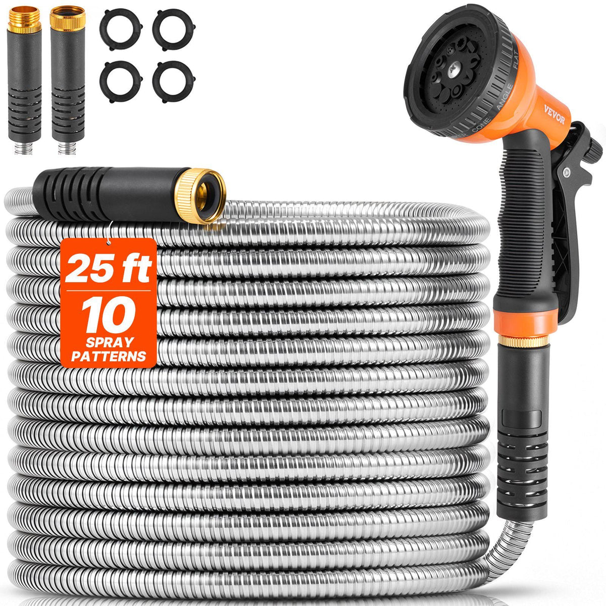 Metal Garden Hose 25 ft, Rust Proof Stainless Steel Water Hose, Heavy Duty Backyard Hose with 10 Function Nozzle, No-Kink & Flexible Water Pipe, Lightweight Metal Hose for Yard, Outdoor