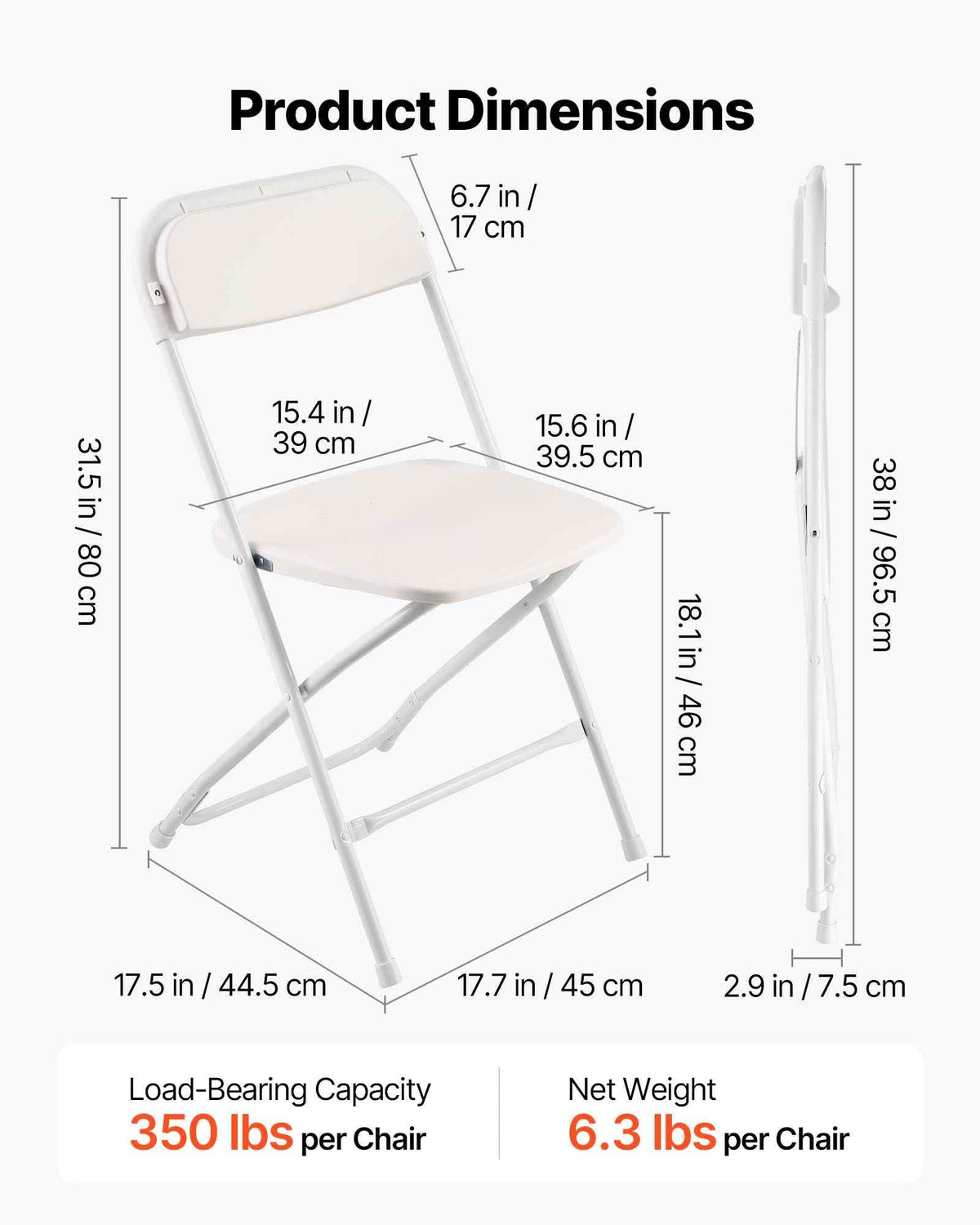 4 Pack Folding Chairs, Foldable Plastic Chairs with Heavy Duty Metal Frame, Portable Folding Card Table Chairs, Stackable Indoor Outdoor Seats for Home, Yard, Garden, Parties, Events, White