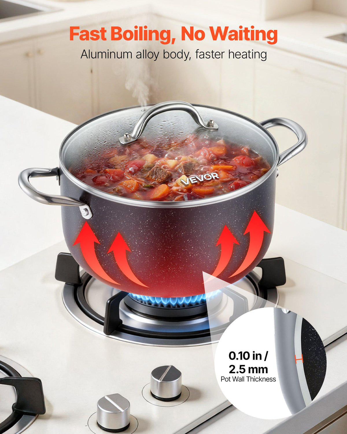 Aluminum Stock Pot, 8-Quart Nonstick Ceramic Coated Pot with Glass Lid, PFOA-Free, PFAS-Free, Compatible with Gas Stoves, Induction Cooktops, Electric Stoves, for Soups, Stews, and Pasta
