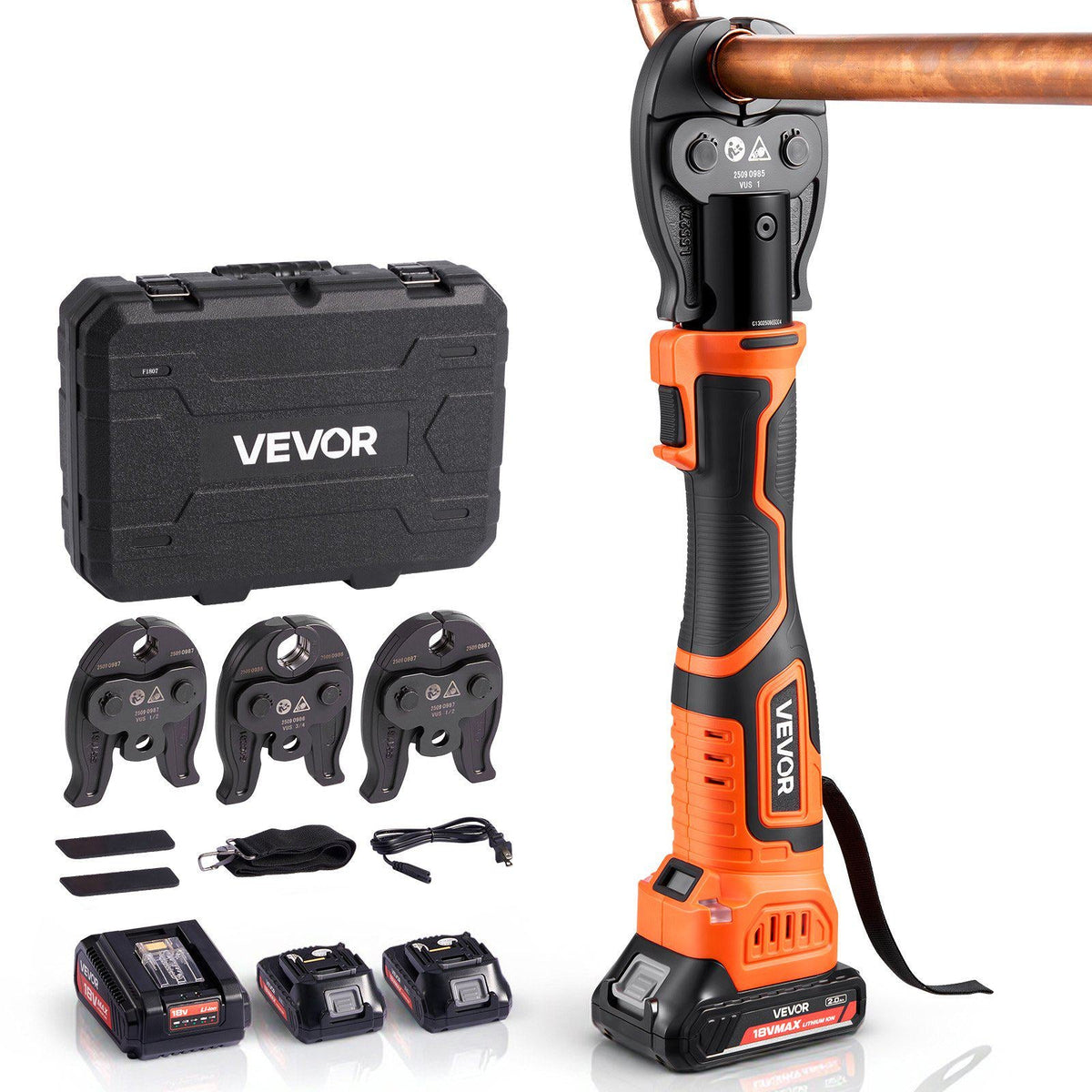 Press Tool Kit, 18V Electric Pipe Crimping Tool for 1/2", 3/4", 1" Copper Tubes, 24KN Press Tool Compatible with ProPress - with 3 VUS Jaws, 2pcs 2AH Batteries, Fast Charger & Carrying Case