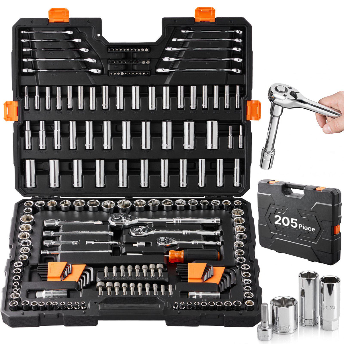 Mechanics Tool Set and Socket Set, 1/4" 3/8" 1/2" Drive Deep and Standard Sockets, 205 Pcs SAE and Metric Mechanic Tool Kit with Bits, Combination Wrench, Hex Wrenches, Accessories, Storage Case