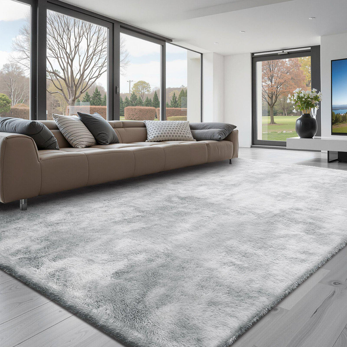 Indoor Plush Area Rugs, 9 x 12 ft Soft Plush Carpet, Furry Shag Area Rugs for Living Room, Bedroom, Modern Home Decor Aesthetic Long-Pile Rug, Non-Shedding, Slip-Resistant, Tie-Dye Light Gray